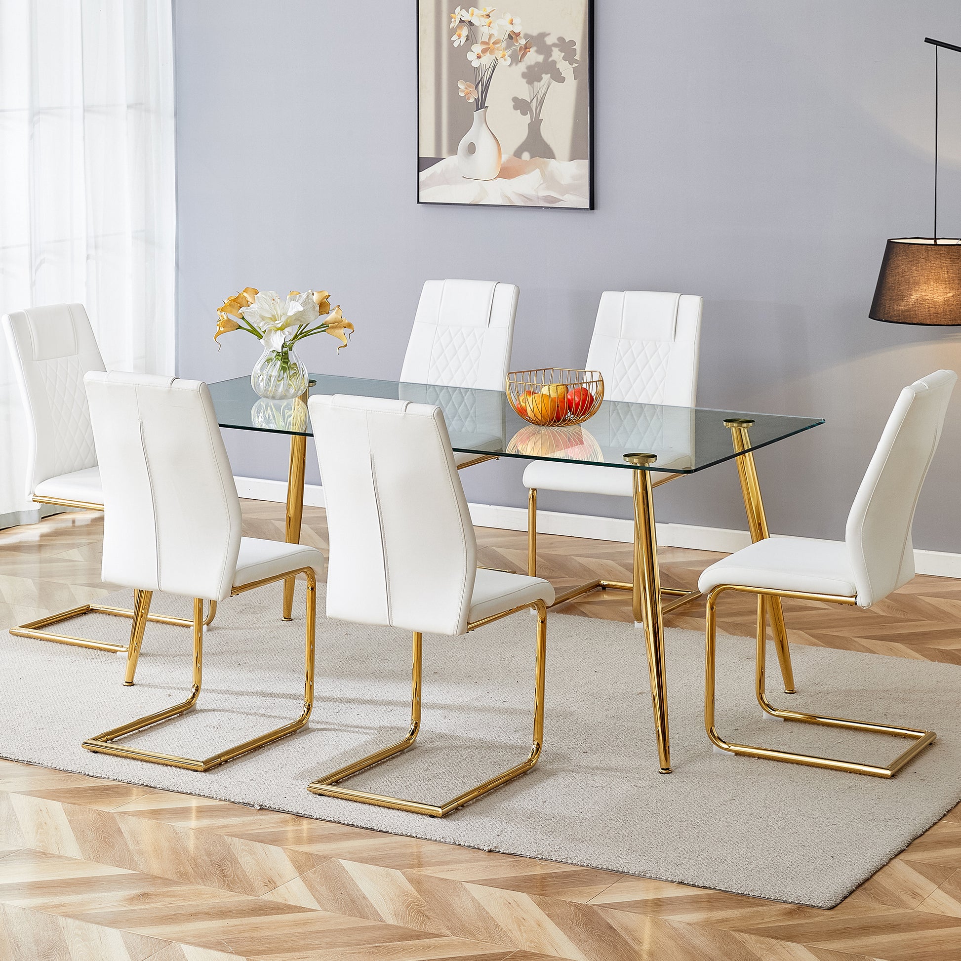 Table And Chair Set.Modern Rectangular Glass Dining Table With A Tempered Glass Tabletop And Metal Legs, Paired With Multiple Chairs Designed With Pu Cushions And Golden Metal Legs. White Gold Seats 6 Tempered Glass