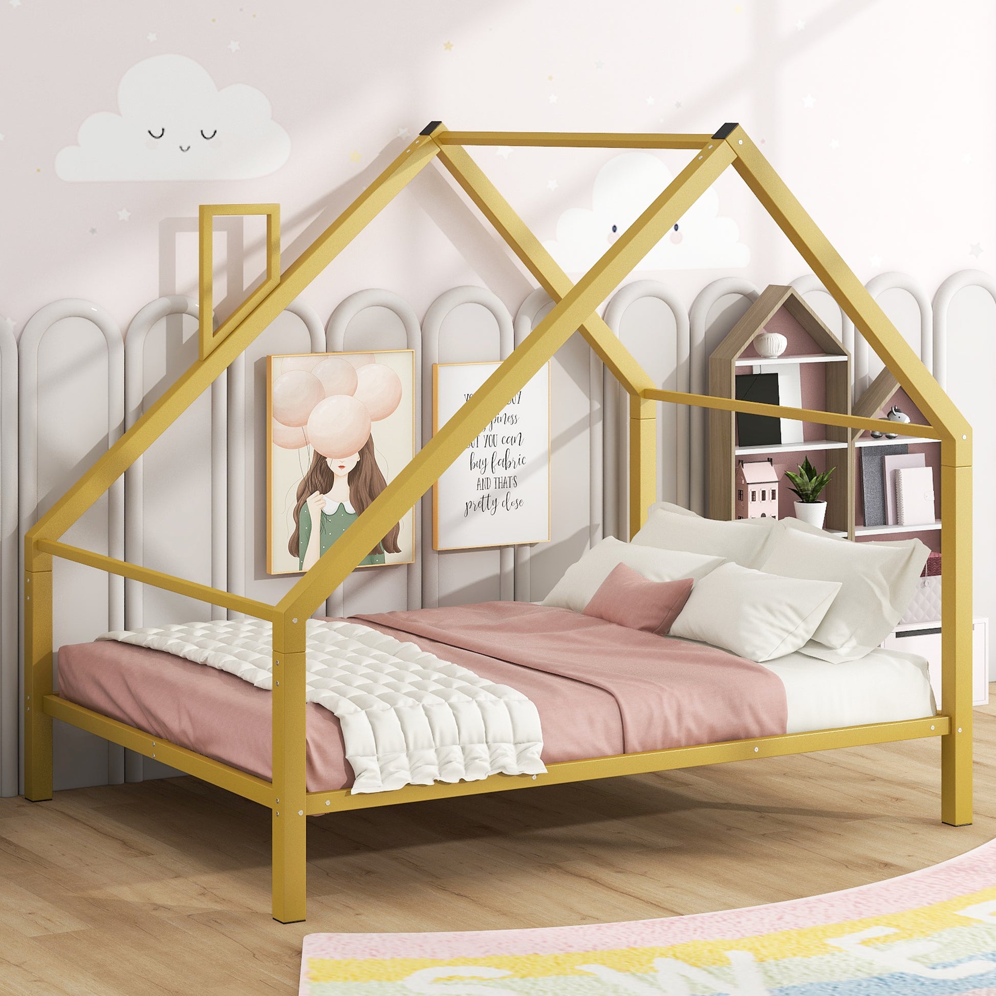 Full Size Metal House Platform Bed With Roof And Chimney, Gold Box Spring Not Required Full Gold Metal Bedroom Bed Frame Metal