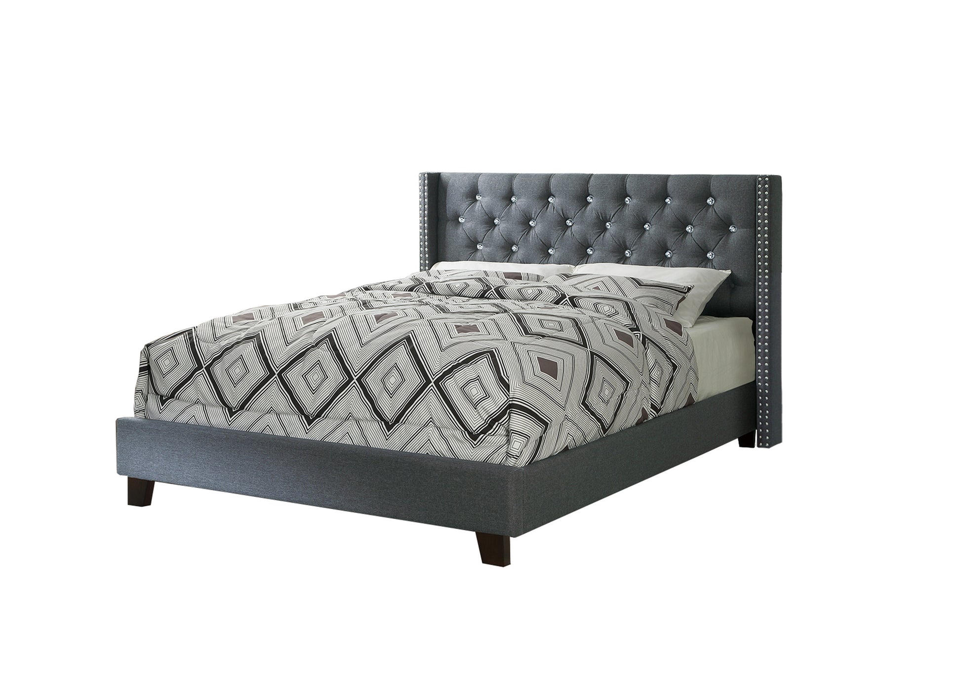Queen Bed In Blue Gray Box Spring Not Required Queen Gray Fabric