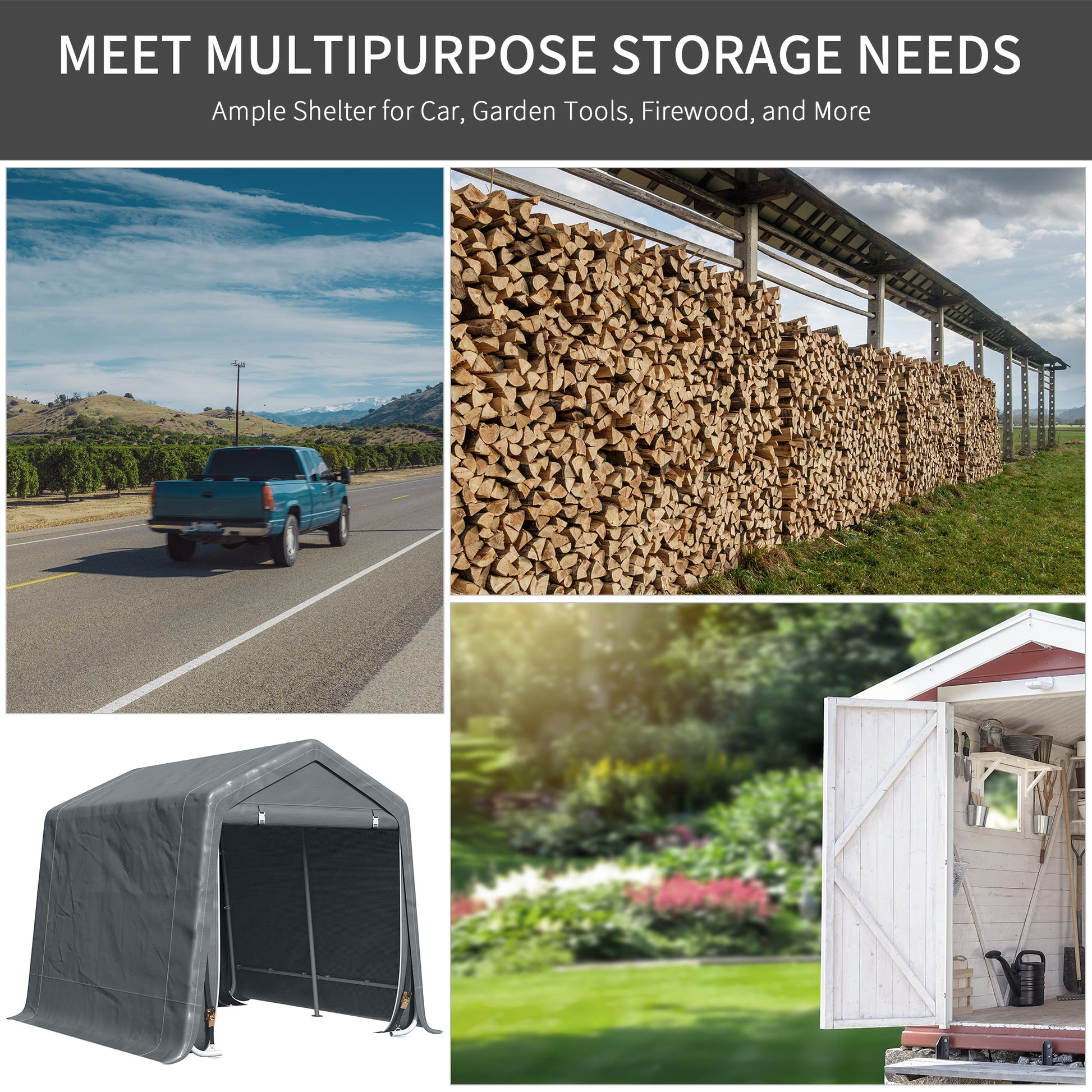 Outsunny 8' X 7' Carport Portable Garage, Heavy Duty Storage Tent, Patio Storage Shelter W Anti Uv Pe Cover And Double Zipper Doors, For Motorcycle Bike Garden Tools, Dark Gray Dark Gray Metal