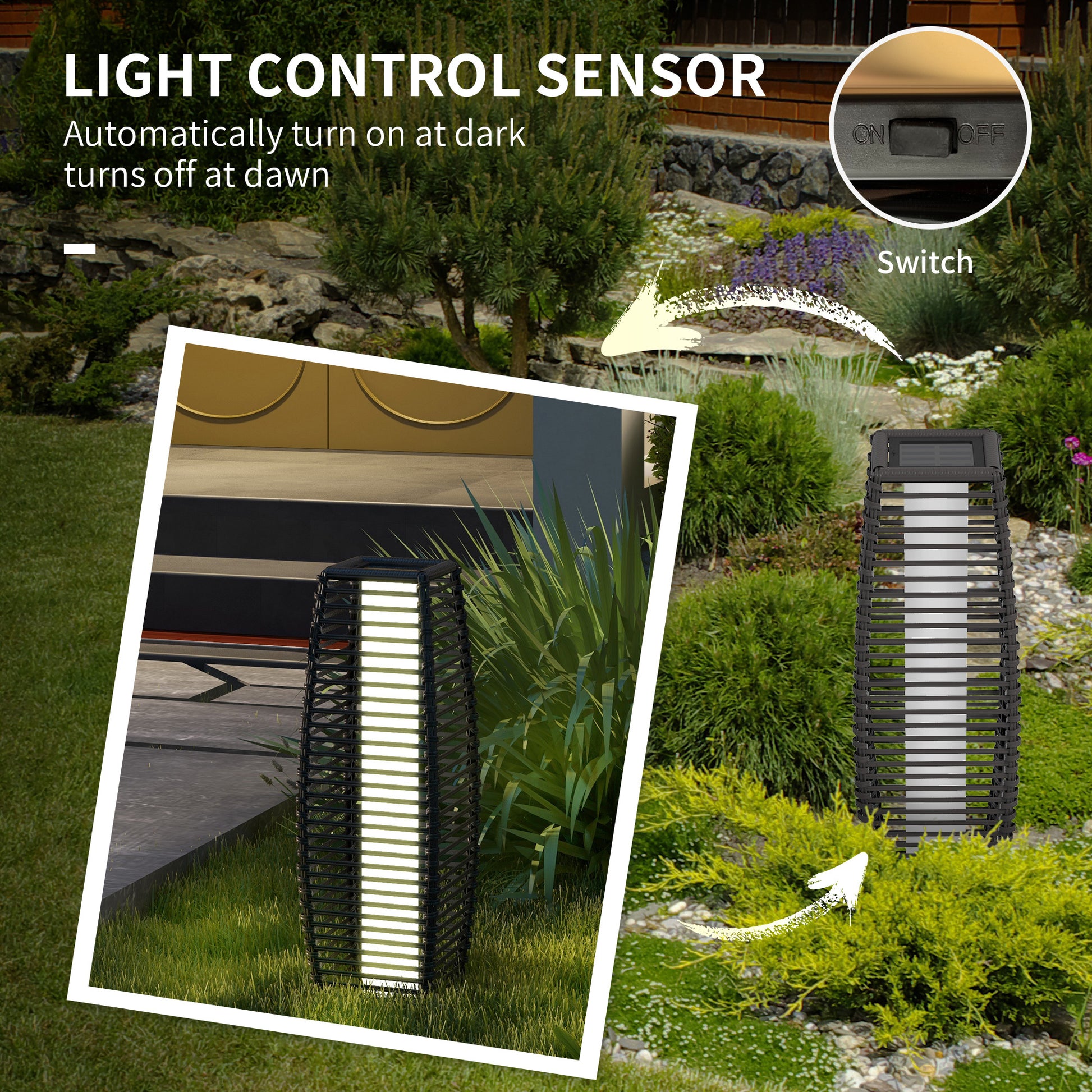 Outsunny Solar Floor Lamp, Outdoor Rattan Garden Lantern Pathway Light & Decorative Driveway Lighting With Auto On Off Led Lights For Porch, Yard, Lawn, Courtyard, Deck, Gray Gray Steel