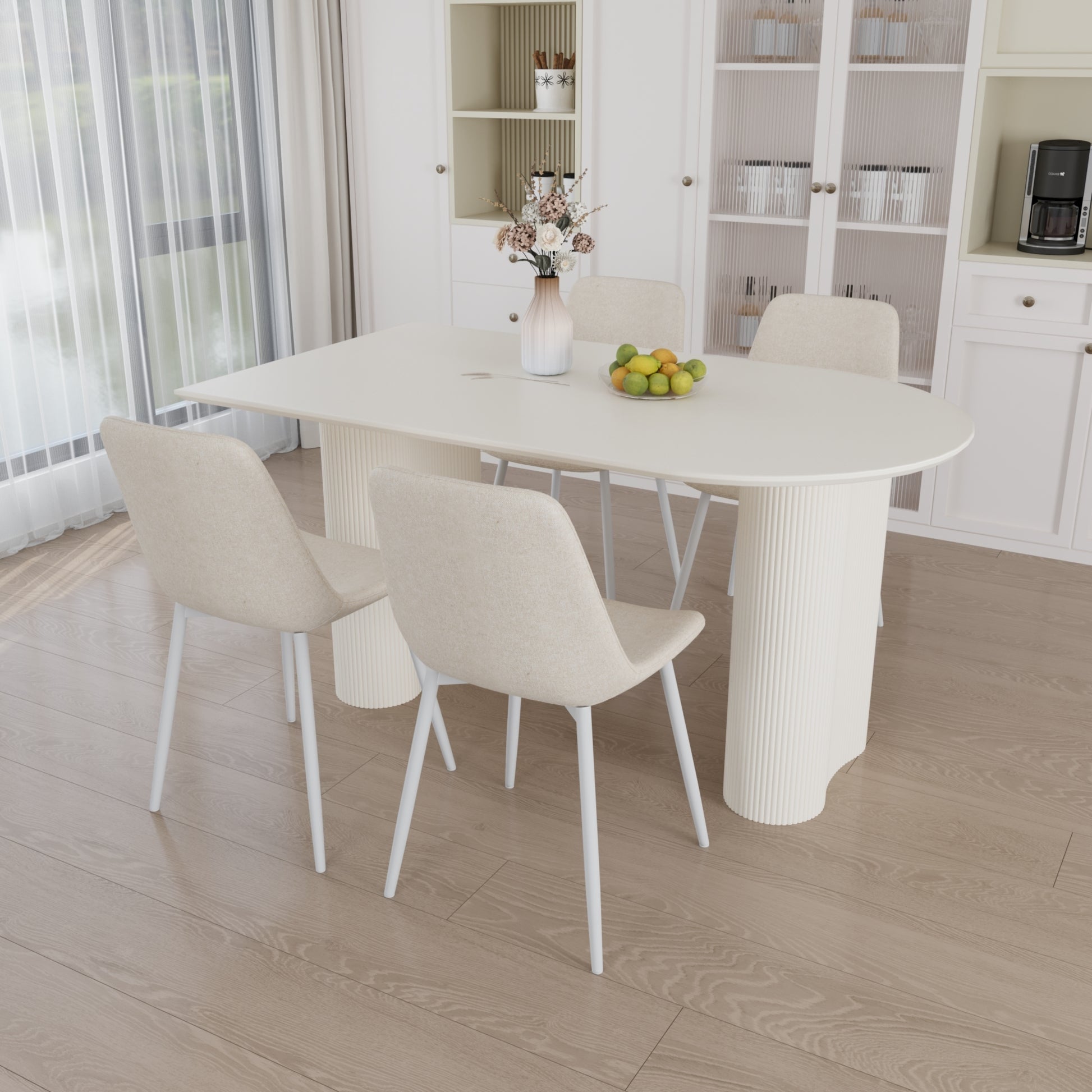 63 "Mdf Cream Style Coffee Table And Modern Dining Chair 4 Piece Set, Modern Fashion Kitchen Table Set, Round Wave Table Legs, Dining Table And Linen Chair Beige White Mdf