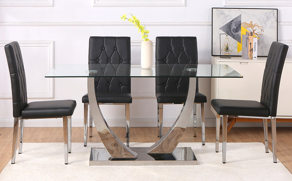 Table And Chair Set, Modern Dining Table, Tempered Glass Tabletop And Silver Colored Leg Table, Soft And Comfortable Dining Chair, Perfect For Dinner, Meetings, Home And Office Decor Black Glass