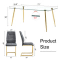 Table And Chair Set.Modern Rectangular Glass Dining Table With A Tempered Glass Tabletop And Metal Legs, Paired With Multiple Chairs Designed With Pu Cushions And Golden Metal Legs. Grey Gold Seats 8 Tempered Glass