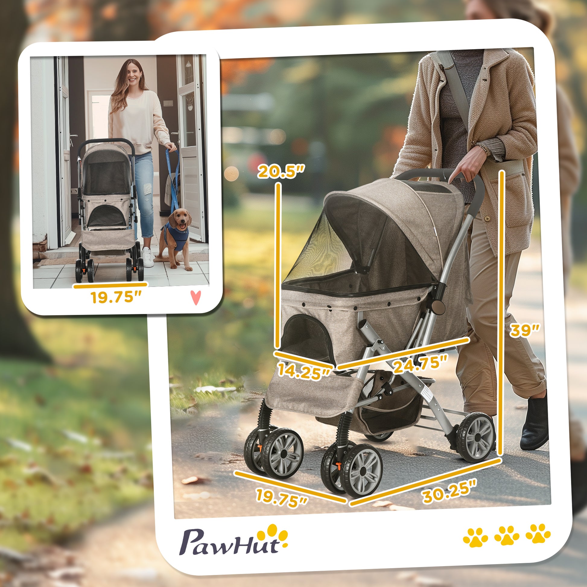 Pawhut Dog Stroller For Small Dogs Cats, 4 Wheels One Click Fold Pet Stroller With Swivel Wheels, Brake, Basket Storage, Safety Belts, Adjustable Canopy, Zippered Mesh Window Door, Brown Brown Steel