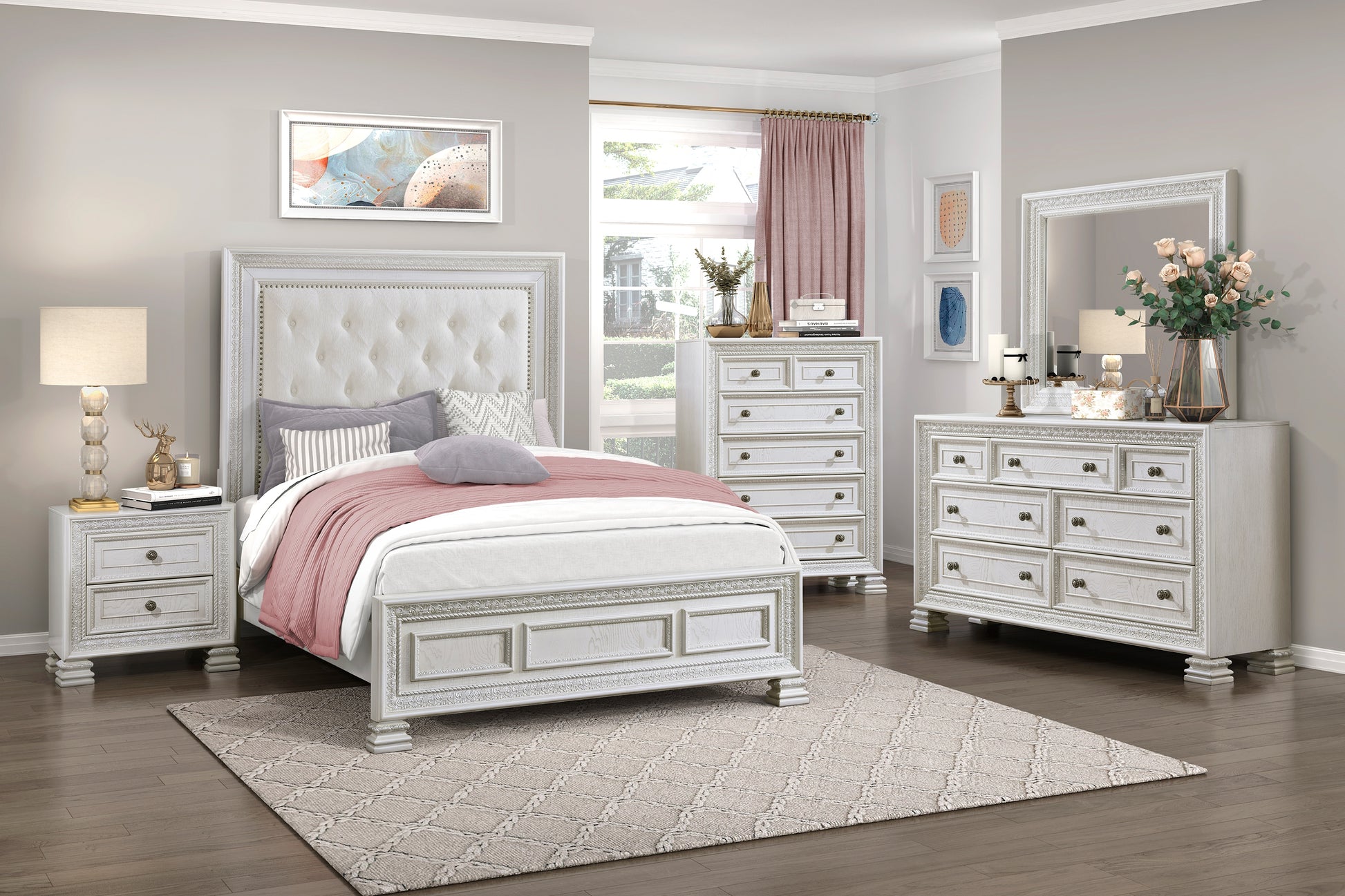 Classic Luxury Pearl White Finish Chest Of 5X Drawers Wooden Bedroom Furniture 1Pc, Dart Molding Design White Wood