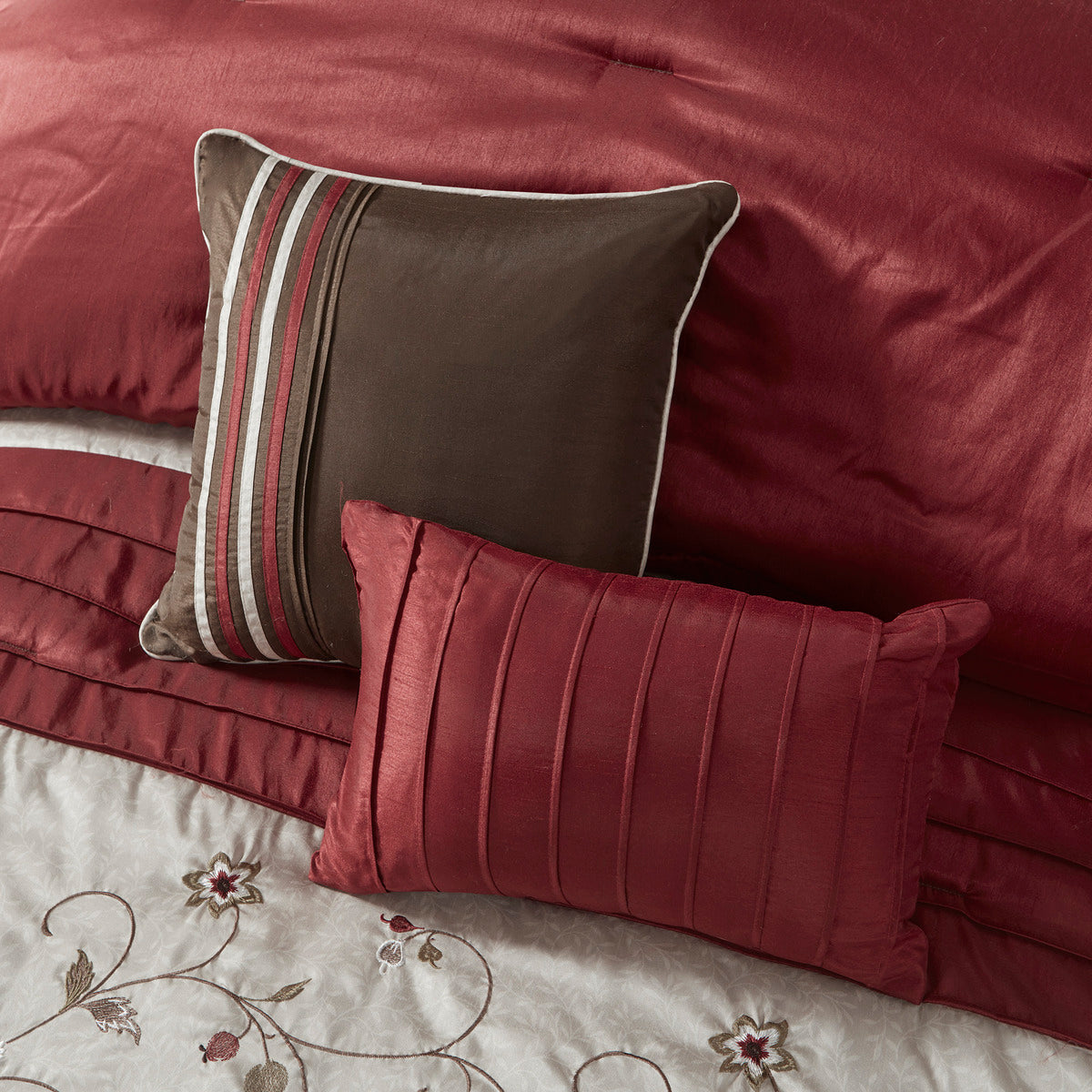 Embroidered 7 Piece Comforter Set Red King King Red Polyester