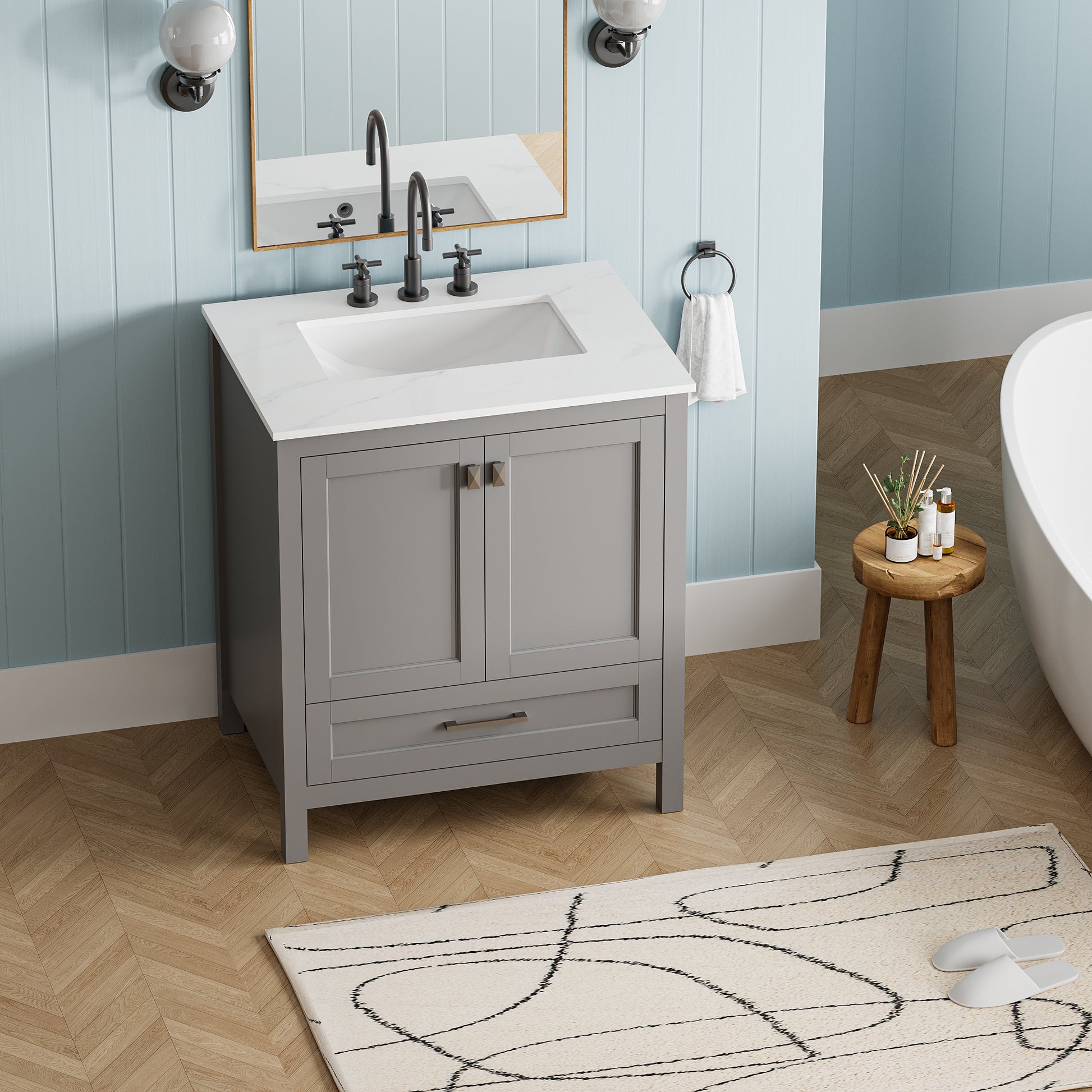 30 Inch Freestanding Bathroom Vanity With Sink, Carrara Engineered Marble Vanity Top With Undermounted Rectangular Ceramic Sink, Large Storage Soft Close Door, Grey 24V03 30Gr Grey Wood Solid Wood