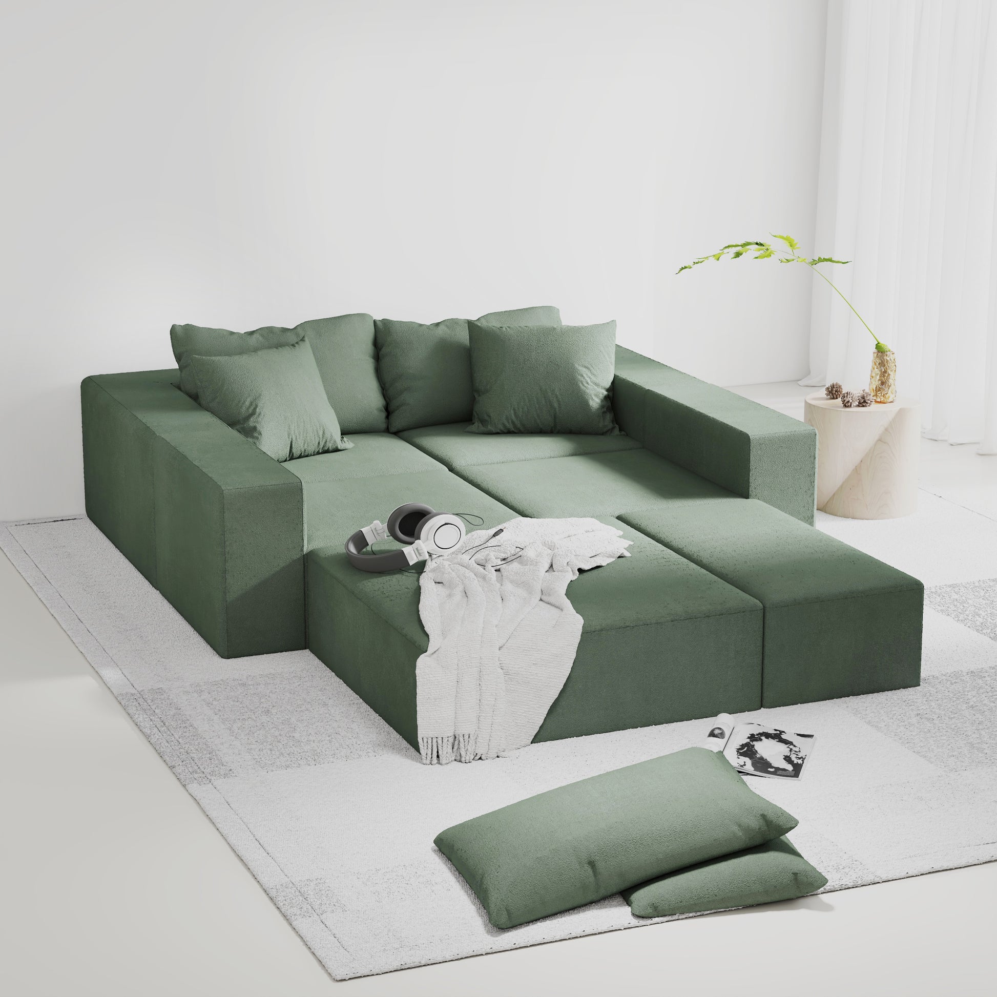 Modern Upholstered Sectional Sofa Couch Set,Modular 132" L Shaped Sectional Living Room Sofa Set With 6 Pillows,Free Combination Sofa Couch For Living Room,Bedroom Green Foam Chenille 6 Seat