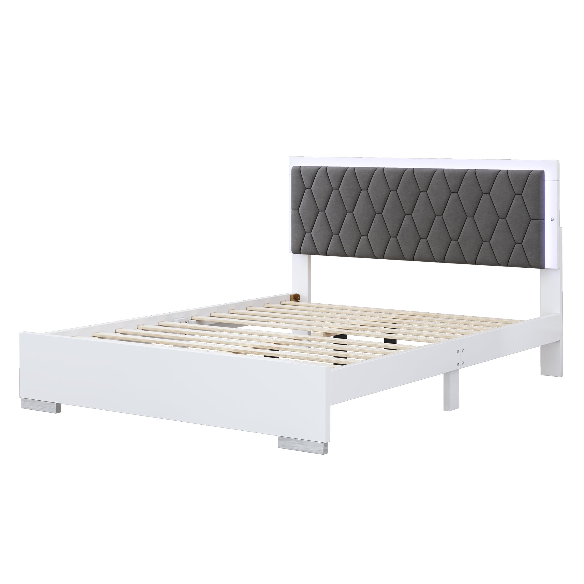 Queen Size Upholstered Bed With Led Light,Modern Platform Bed With With Velvet Headboard,White Queen White Mdf