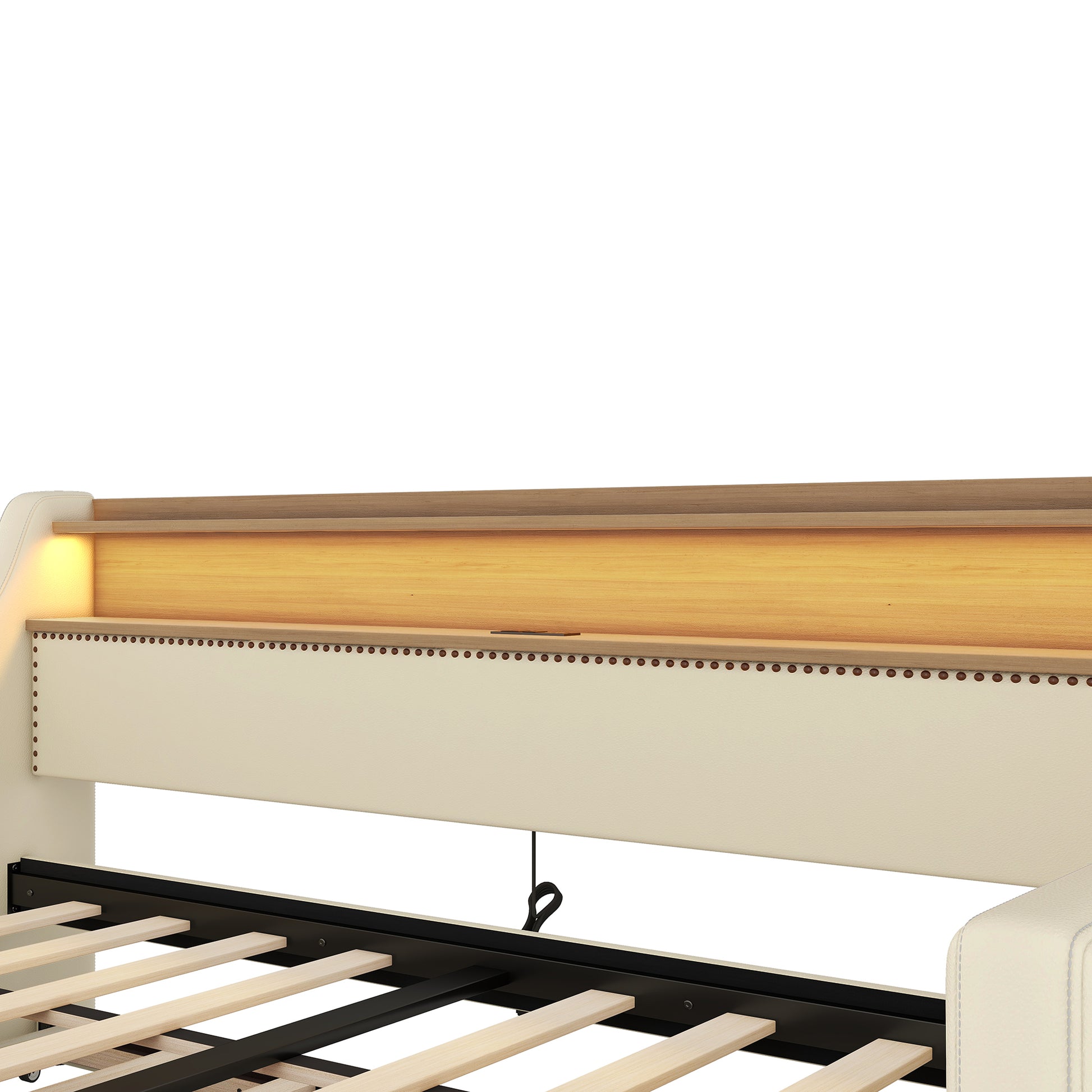 Twin Size Daybed With Trundle, Upholstered Daybed With Charging Station And Led Lights, Beige Expect Arrive Date:May 20Th. Twin Beige Pu Leather