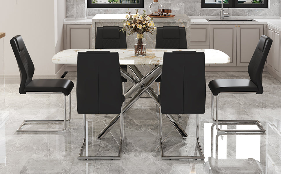 Table And Chair Set, Large Modern Minimalist Rectangular Dining Table, 0.39 "Imitation Marble Tabletop And Silver Metal Legs, Soft Leather Seats. F 1537 Silver Glass Metal