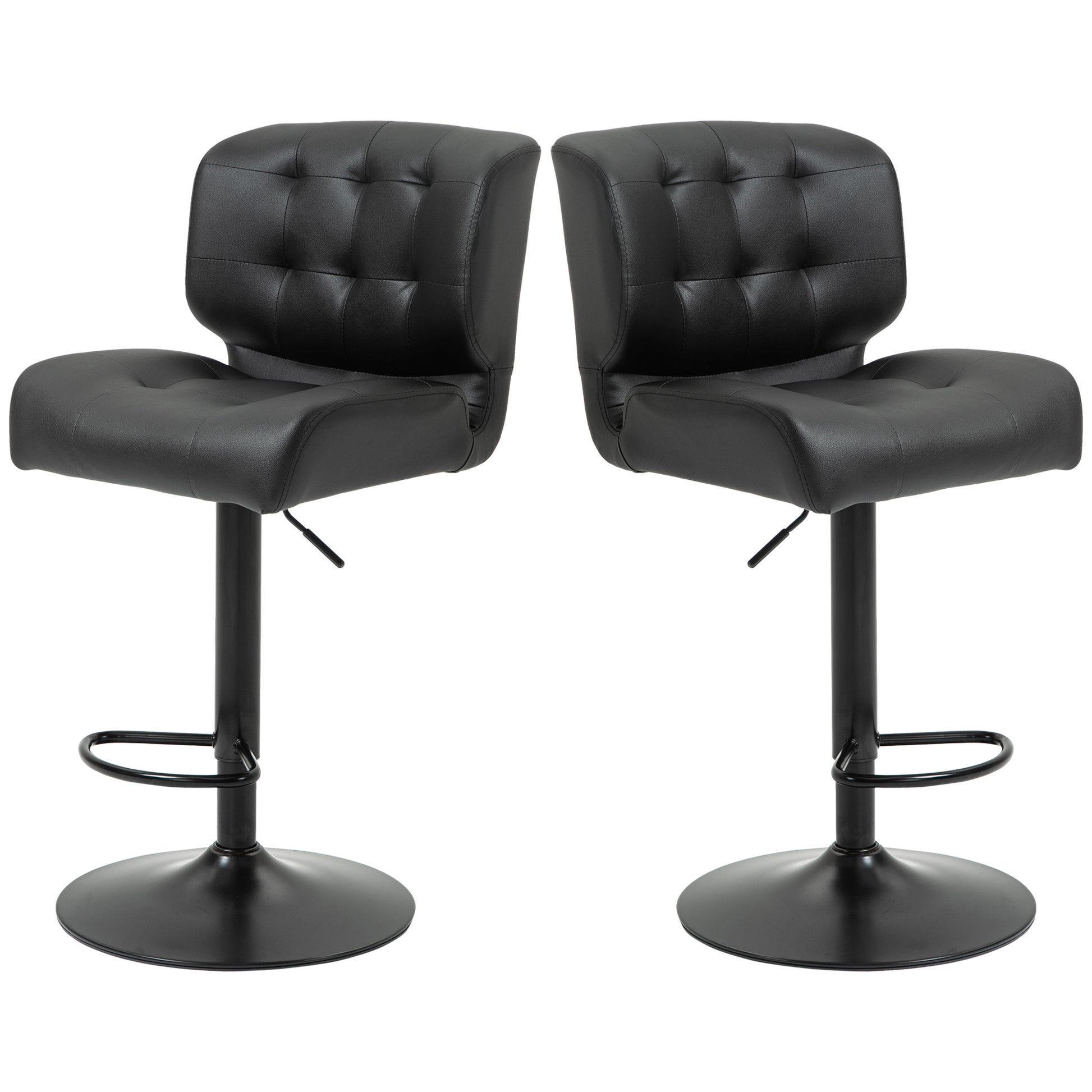 Homcom Bar Height Bar Stools Set Of 2 With Adjustable Seat, Thick Padded Cushion And Metal Footrest For Home Bar, Black Black Metal