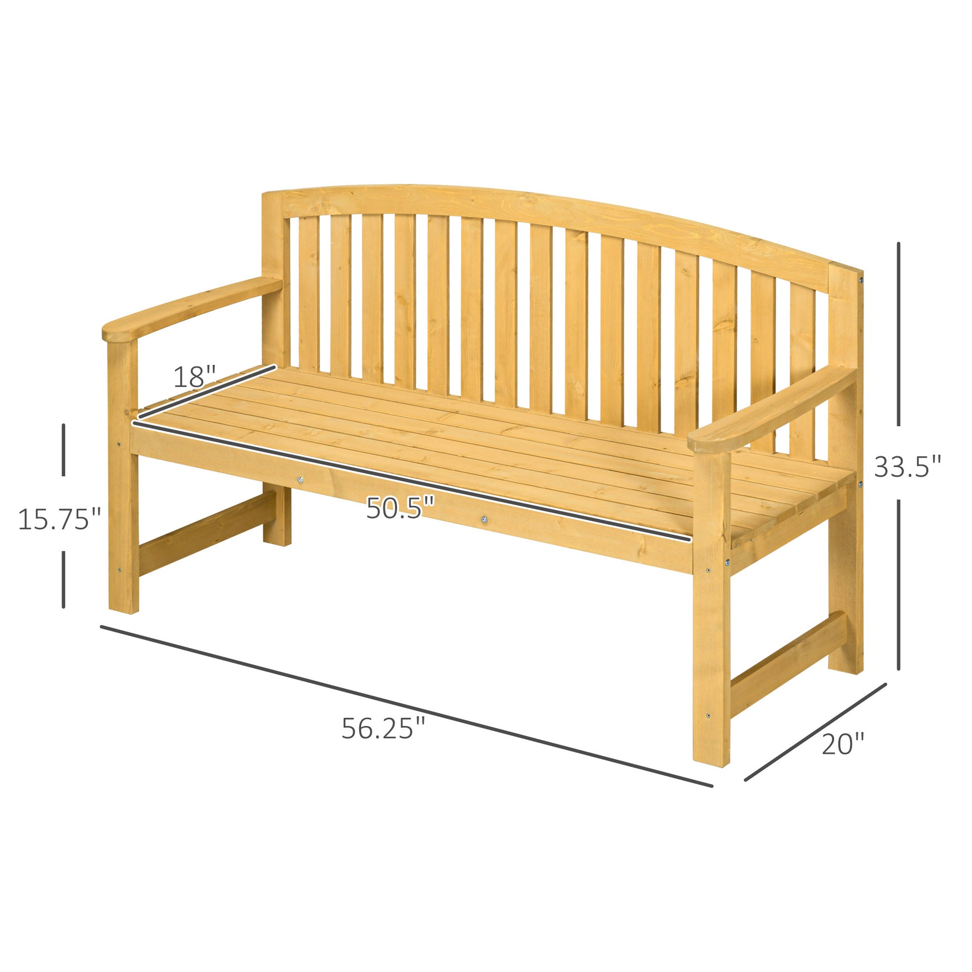 Outsunny 56" Outdoor Wood Bench, 2 Seater Garden Bench With Backrest And Armrest, Patio Bench For Patio, Porch, Poolside, Balcony, Natural Natural Wood