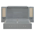 Full Size Murphy Bed Wall Bed With Drawer And Rattan Decoration With 2 Storage Cabinets, One Set Of Sockets & Usb Ports, Pulley Structure Design, Gray Full Gray Plywood