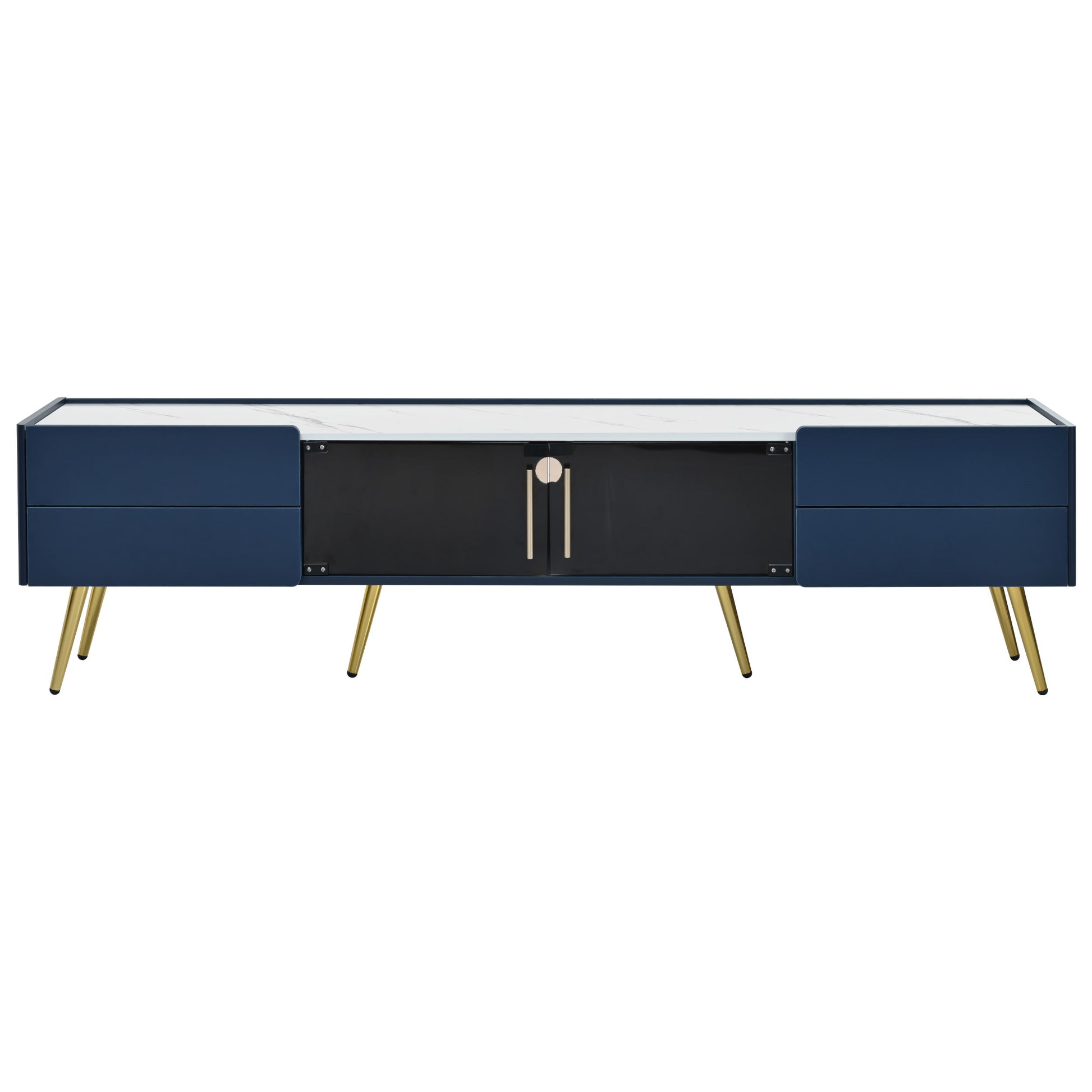 Modern Tv Stand With Led Lights For Tvs Up To 80 Inches, Entertainment Center With 4 Drawers And 1 Cabinet With Brown Glass Door, Media Console With Metal Legs And Handles For Living Room Blue 70 79 Inches Mdf