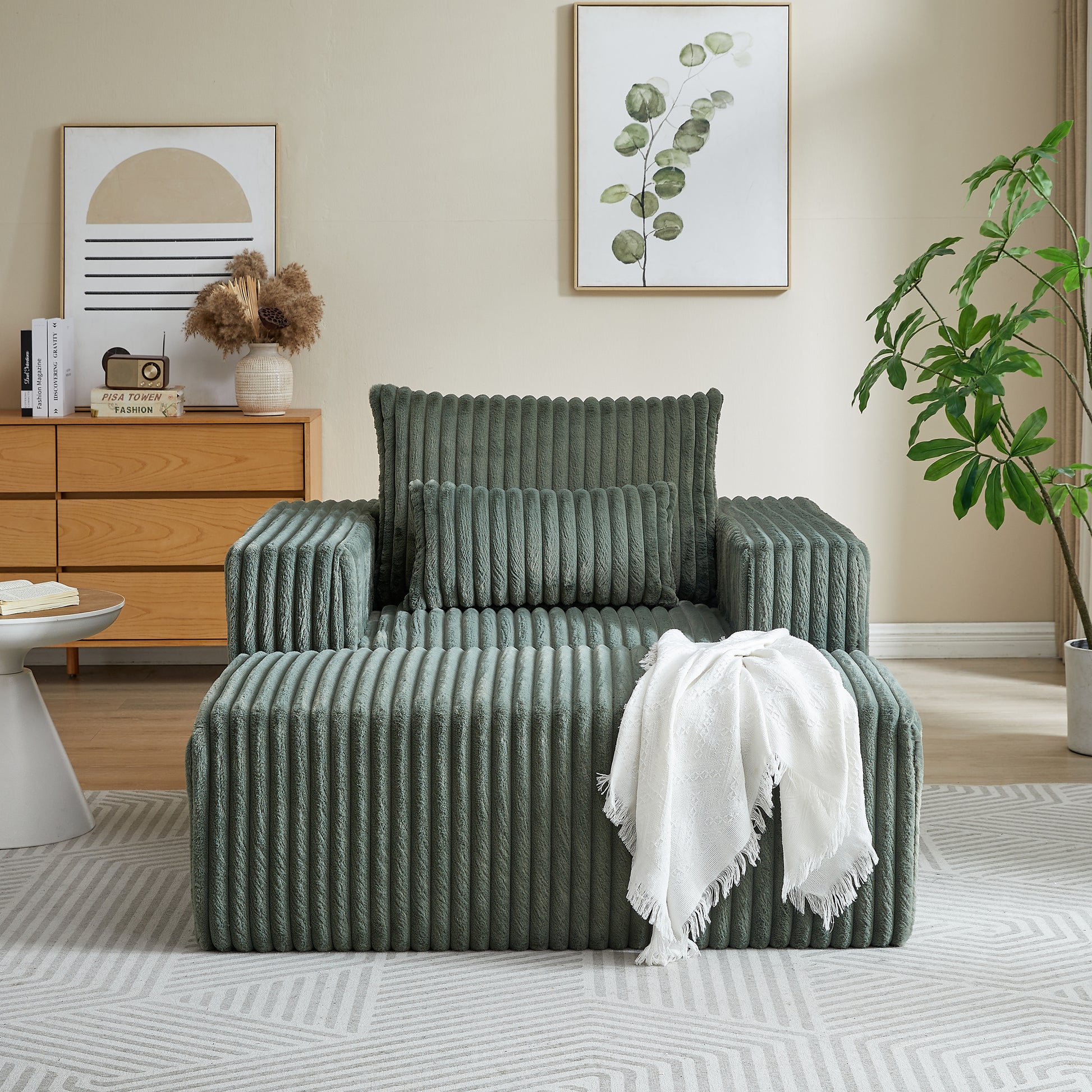 62.5 Inch Corduroy Sponge Sofa Lounge Chair With Removable Footrest,No Assembly Required,Fluffy Modern Sleeper Chair For Indoor Living Room Bedroom Army Green Foam Corduroy 1 Seat