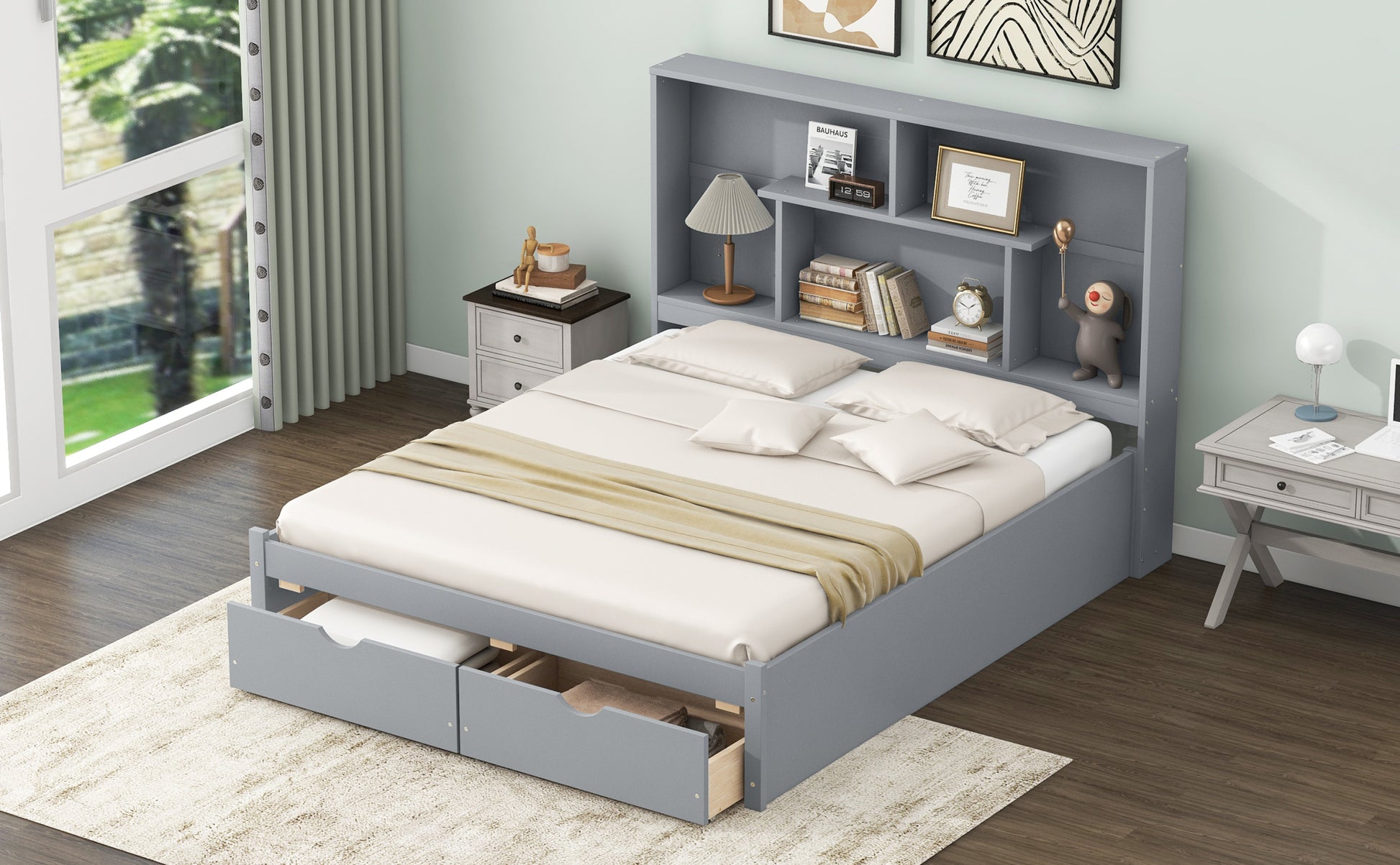 Queen Size Platform Bed With Storage Headboard And 2 Drawers, Gray Box Spring Not Required Queen Gray Wood Bedroom Bed Frame Solid Wood Mdf