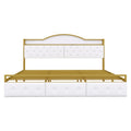 Metal Platform Bed With 3 Drawers, Storage Headboard, King, Gold King Gold White Fabric Metal