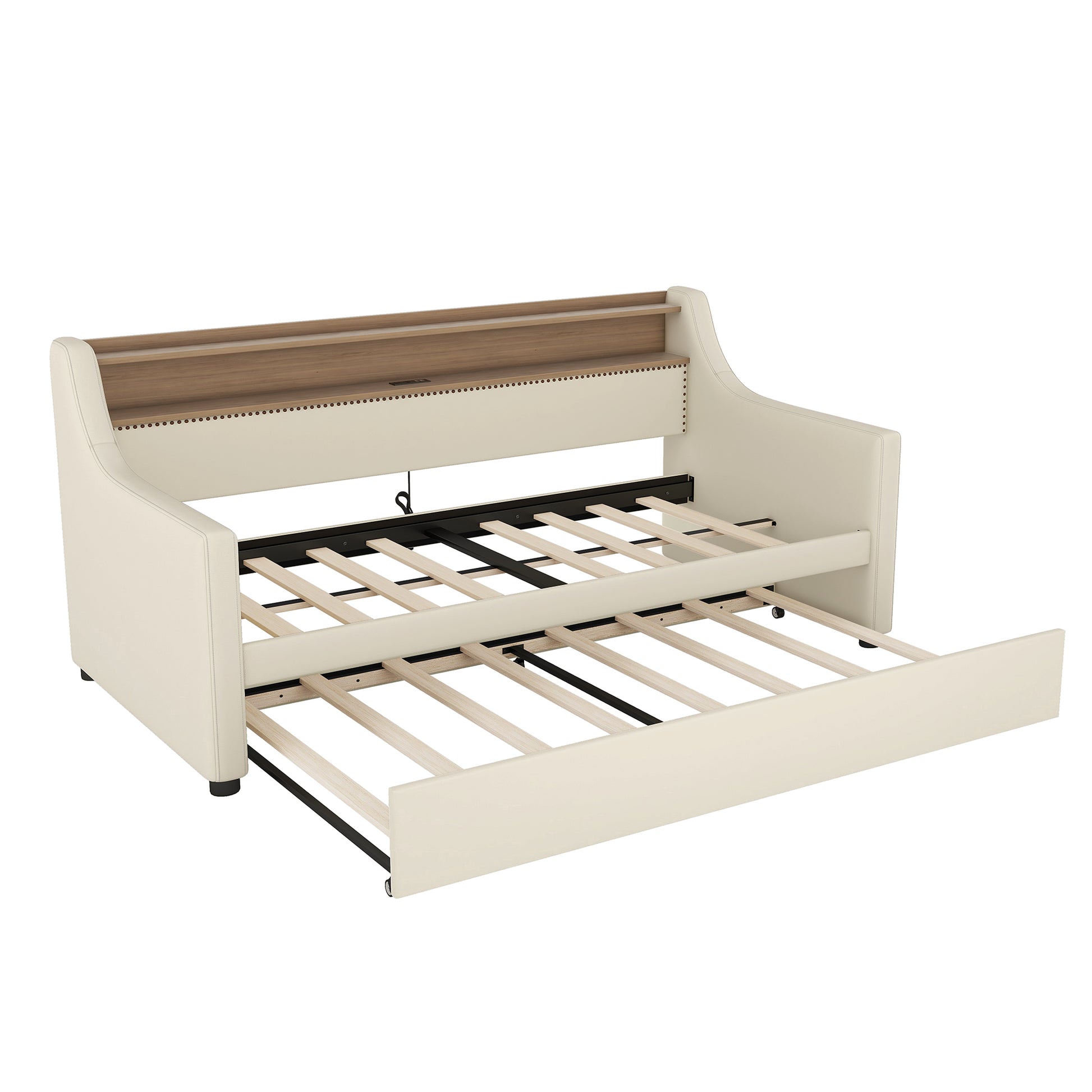 Twin Size Daybed With Trundle, Upholstered Daybed With Charging Station And Led Lights, Beige Expect Arrive Date:May 20Th. Twin Beige Pu Leather