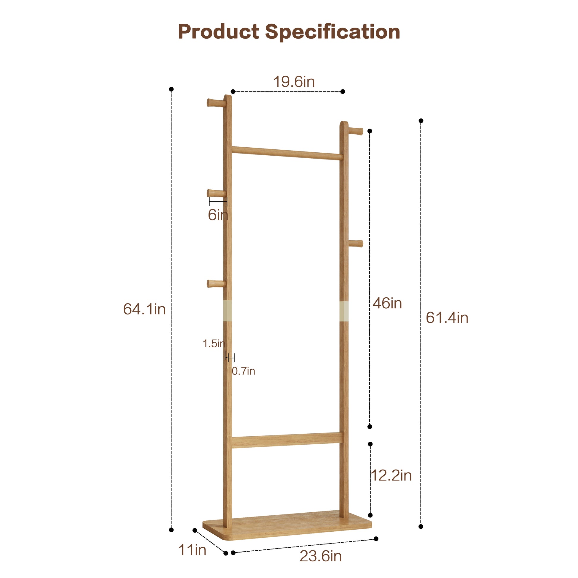 Coat Racks Solid Wood Hanger 23.6* 11*64.1In Solid Environmental Protection Easy To Assemble Beautiful Can Be Placed In The Bedroom Entrance Living Room Burly Wood Natural Wood Wash Light Brown