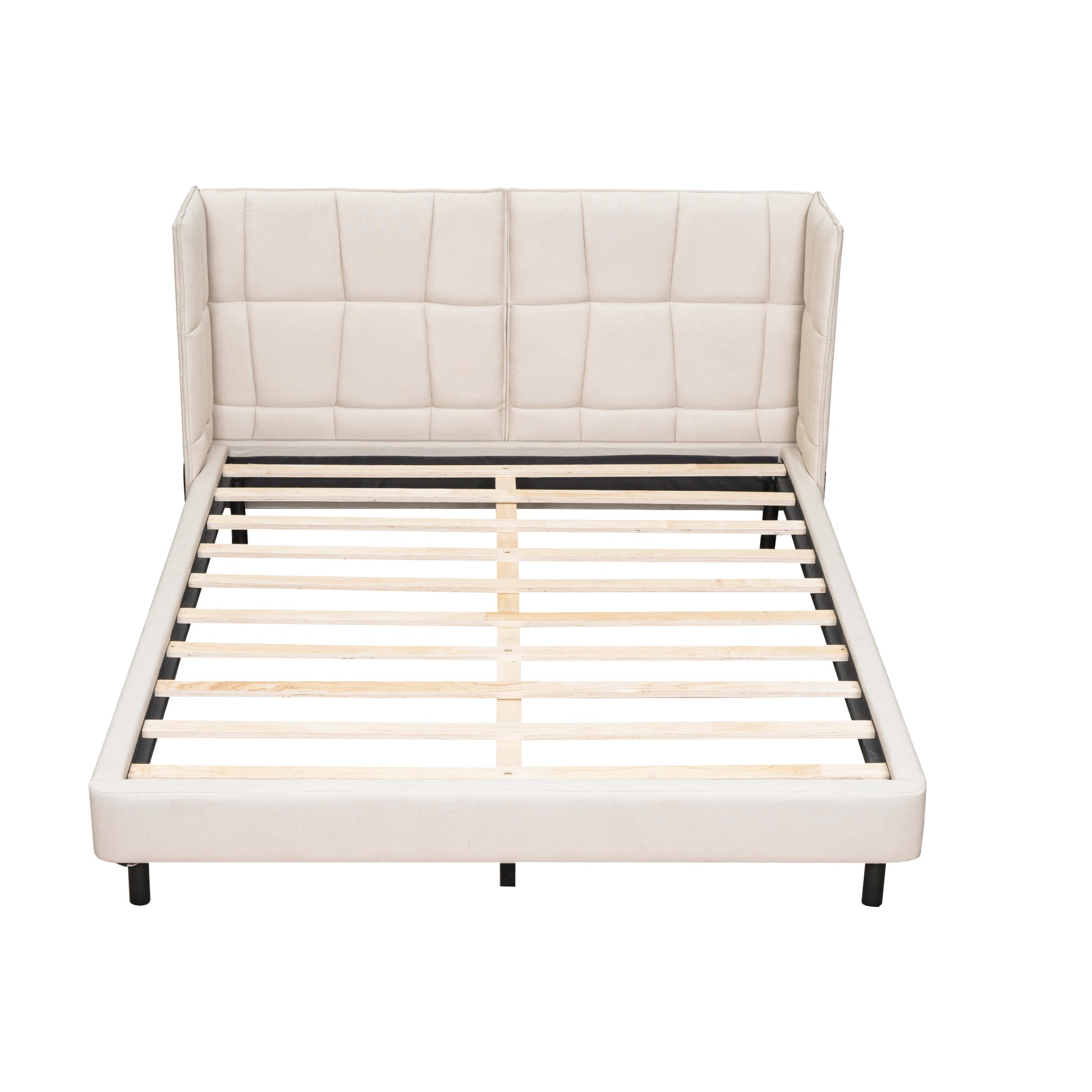 Queen Size Upholstered Platform Bed With Led Lights And U Shaped Headboard, Linen Fabric, Beige Queen Beige Wood Metal