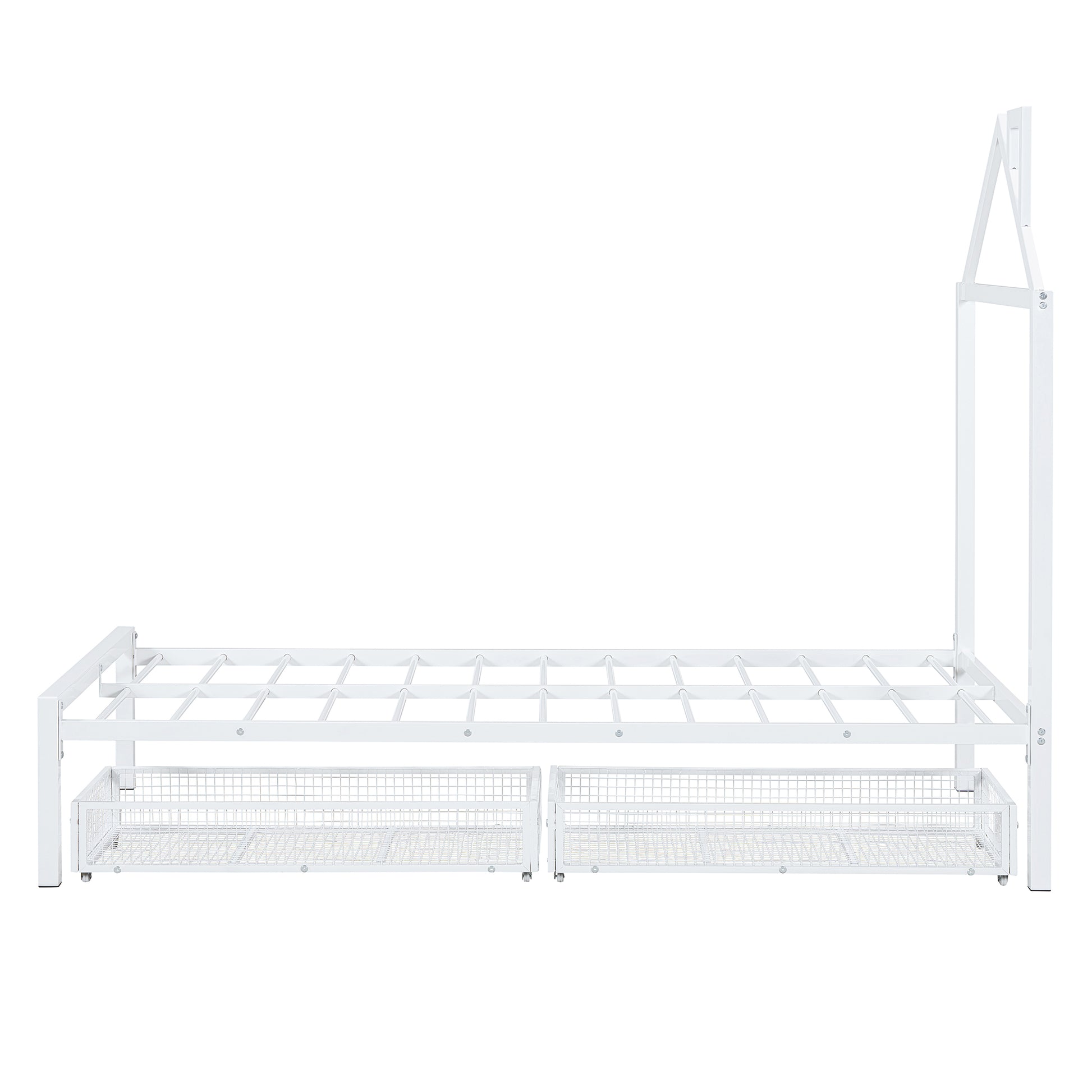 Twin Size Metal Platform Bed With Two Drawers,House Shaped Headboard Design, White Twin White Metal