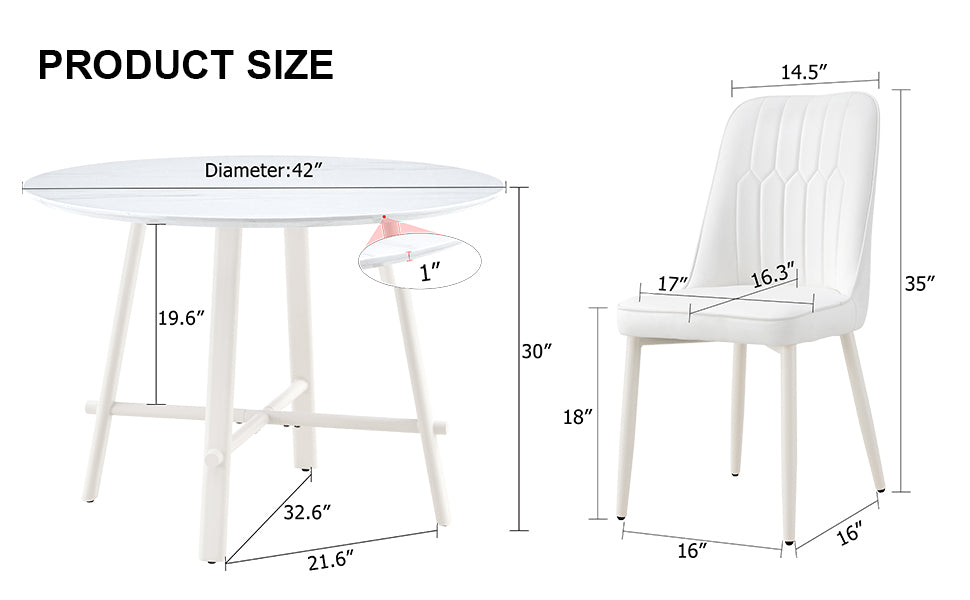 Table And Chair Set, Mdf Desktop, White Metal Table Legs, Stable And Beautiful, Suitable For Most Styles Of Home. Modern Simple Dining Table, Comfortable Seating. White Seats 4 Mdf