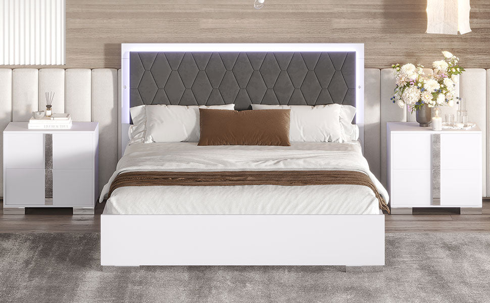 Queen Size Upholstered Bed With Led Light,Modern Platform Bed With With Velvet Headboard,White Queen White Mdf