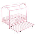 Twin Size Metal House Bed With Fence, With Trundle, Pink Expected Arrival Time: 10.18 Twin Pink Metal