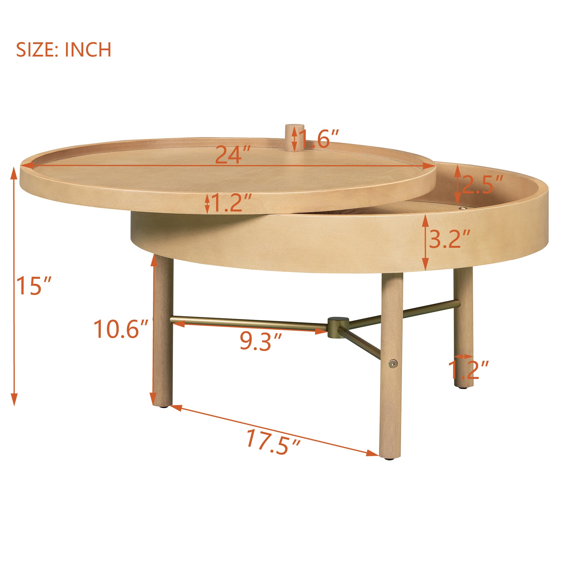Modern Round Wood Rotating Tray Coffee Table With Storage & Metal Legs In Natural Natural Metal,Rubber Wood