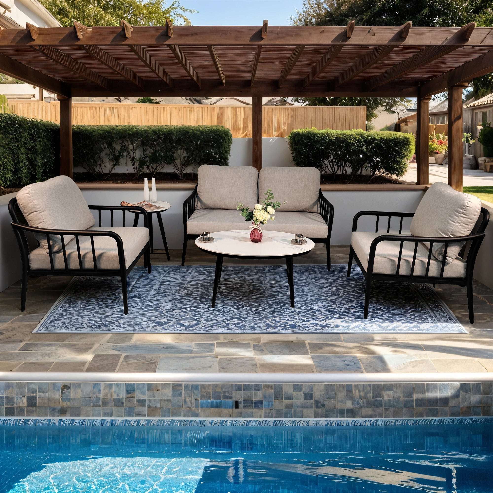 5Pc Outdoor Aluminum Patio Furniture,Modern Chat Sofa Conversation Set,Removable Sunbrella Cast Silver Fabric Cushions And Table With White Carrara Marble Look Sintered Stone Top,Ember Black Yes Deep Seating Ember Black Rust Resistant Frame Fade