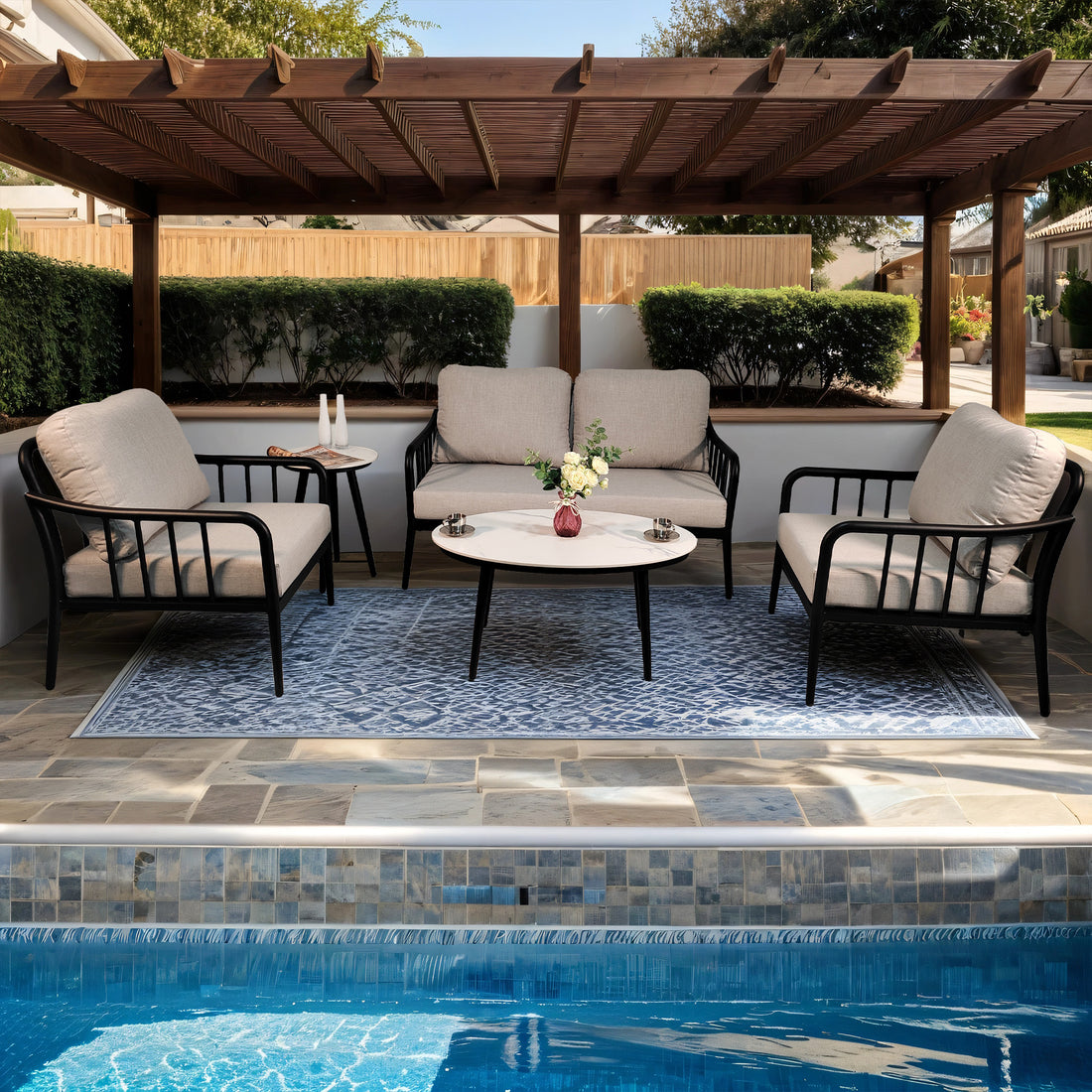 5Pc Outdoor Aluminum Patio Furniture,Modern Chat Sofa Conversation Set,Removable Sunbrella Cast Silver Fabric Cushions And Table With White Carrara Marble Look Sintered Stone Top,Ember Black Yes Deep Seating Ember Black Rust Resistant Frame Fade