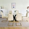 Modern Style Glass Dining Table With Elegant Transparent Design, Solid Support Base, Pale Yellow Dining Chair Set With Gold Plated Legs, Suitable For Restaurant Kitchens Set Of 7 Yellow Glass