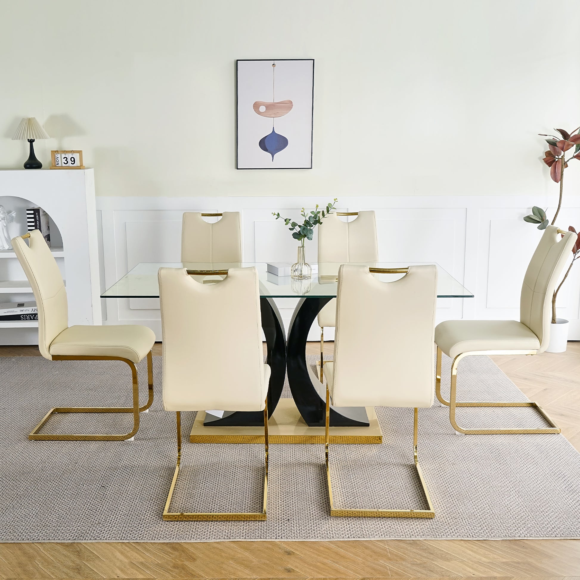 Modern Style Glass Dining Table With Elegant Transparent Design, Solid Support Base, Pale Yellow Dining Chair Set With Gold Plated Legs, Suitable For Restaurant Kitchens Set Of 7 Yellow Glass