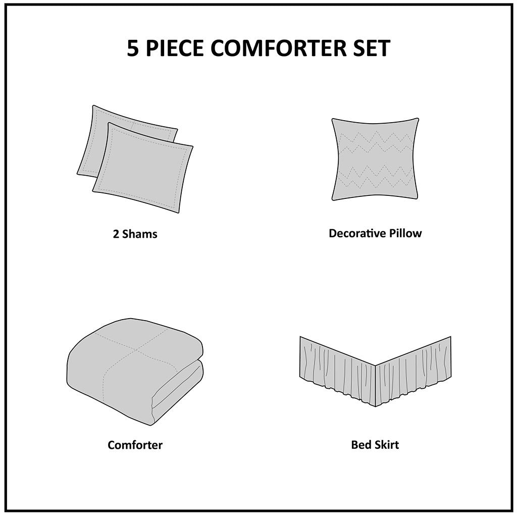 5 Piece Microfiber Ruffled Comforter Set White Cal King California King White Polyester