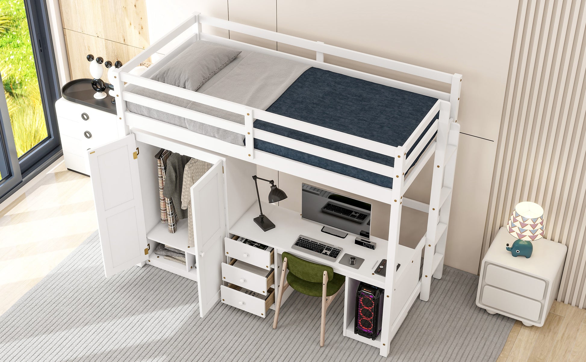 Twin Size Loft Bed With Wardrobe, Desk And Storage Drawers, White Twin White Pine