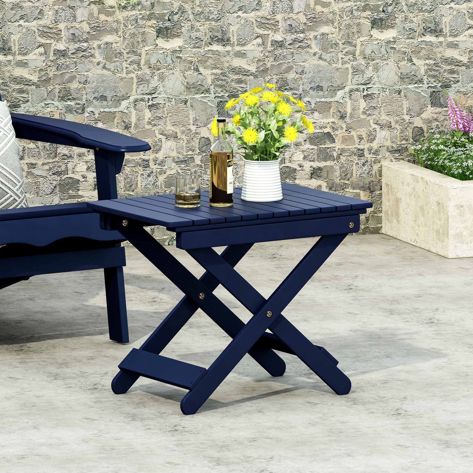 Outdoor Folding Wooden Side Table, Navy Blue, 15"D X 22.75"W X 18.25"H Navy Blue Acacia Wood
