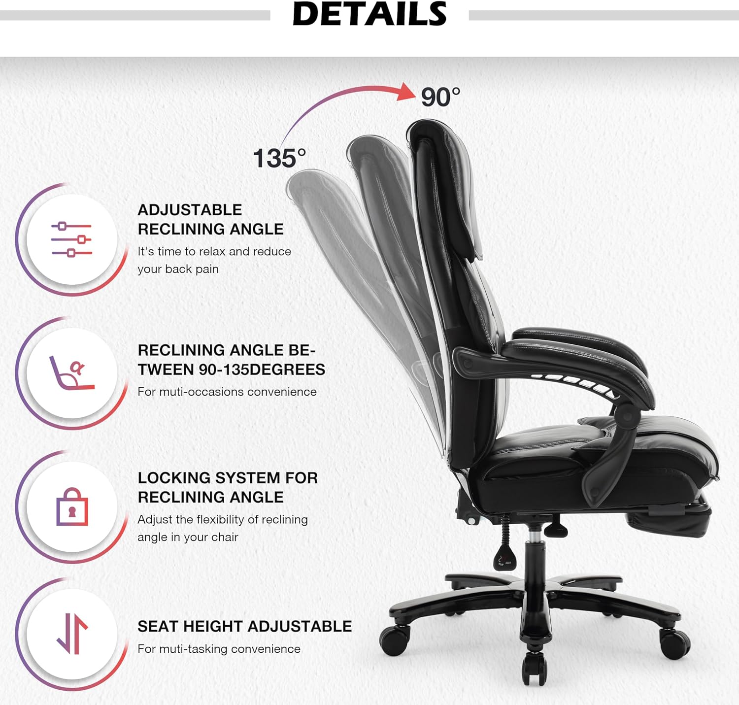 500Lbs Big And Tall Office Chair Wide Seat For Heavy People With Quiet Wheels Heavy Duty Metal Base High Back Larger Size Pu Leather Executive Office Chair With Footrest Back Reclining Alloy Steel Black Foam Faux Leather