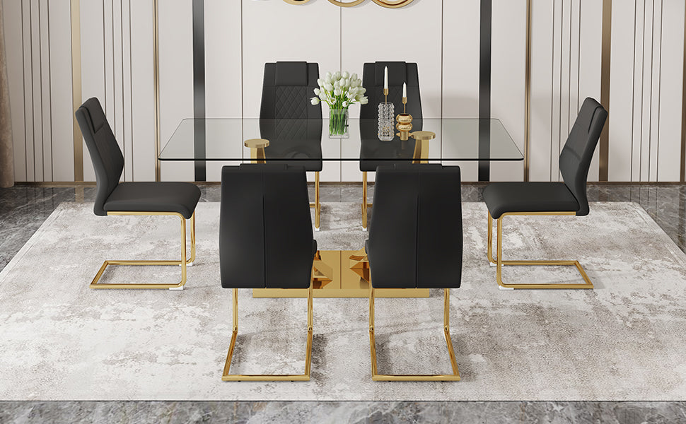 Table And Chair Set.Modern Rectangular Dining Table With Transparent Tempered Glass Tabletop And Gold Plated Metal Legs.Paried With 6 Comfortable Chairs With Pu Seats And Golden Metal Legs. Black Gold,Transparent Seats 6 Glass Metal