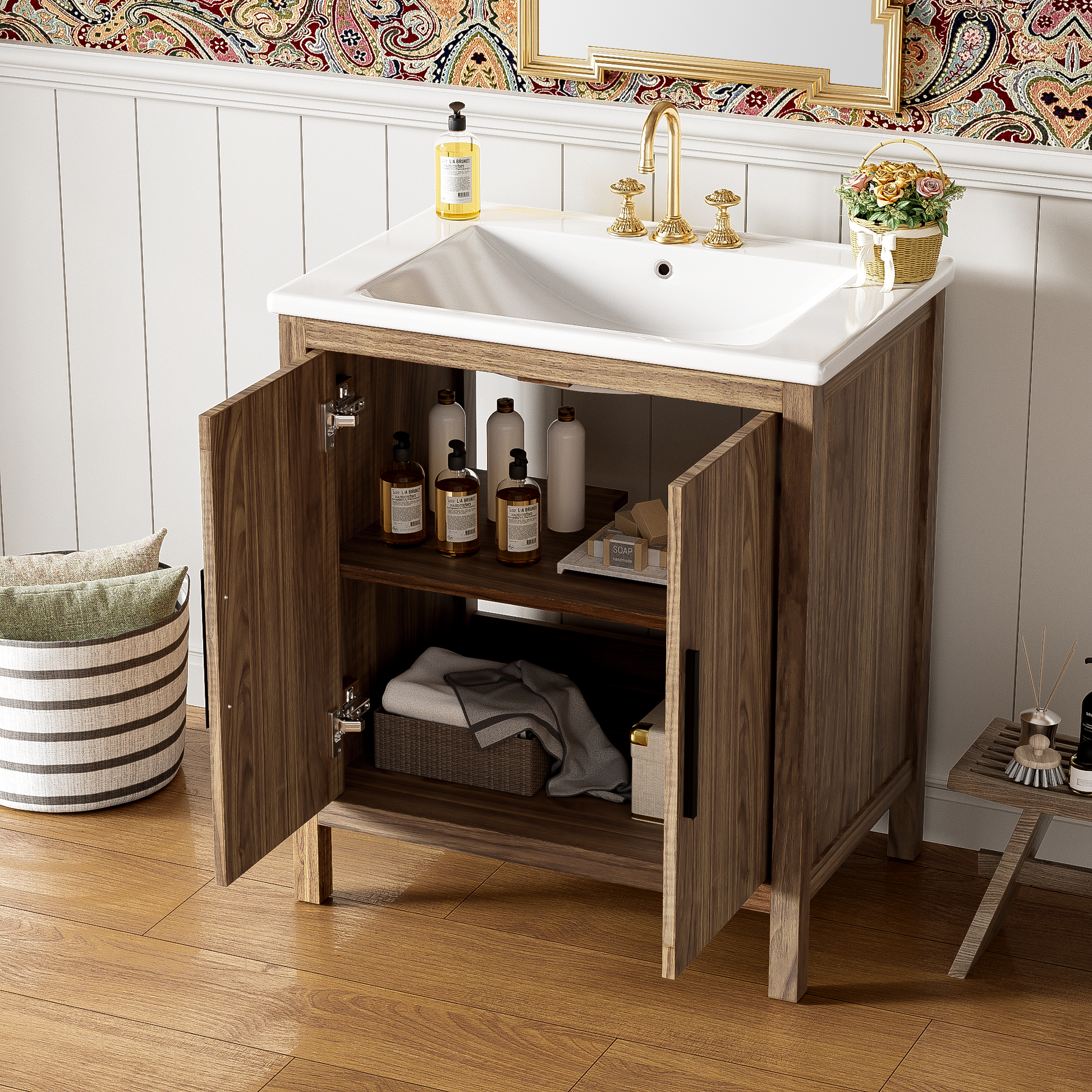 30" Wood Color Bathroom Vanity With Single Sink, Combination Under Counter Sink, Bathroom Storage Cabinet With Soft Closing Door, Multi Function Storage, Solid Wood Frame Wood Bathroom Solid Wood Mdf