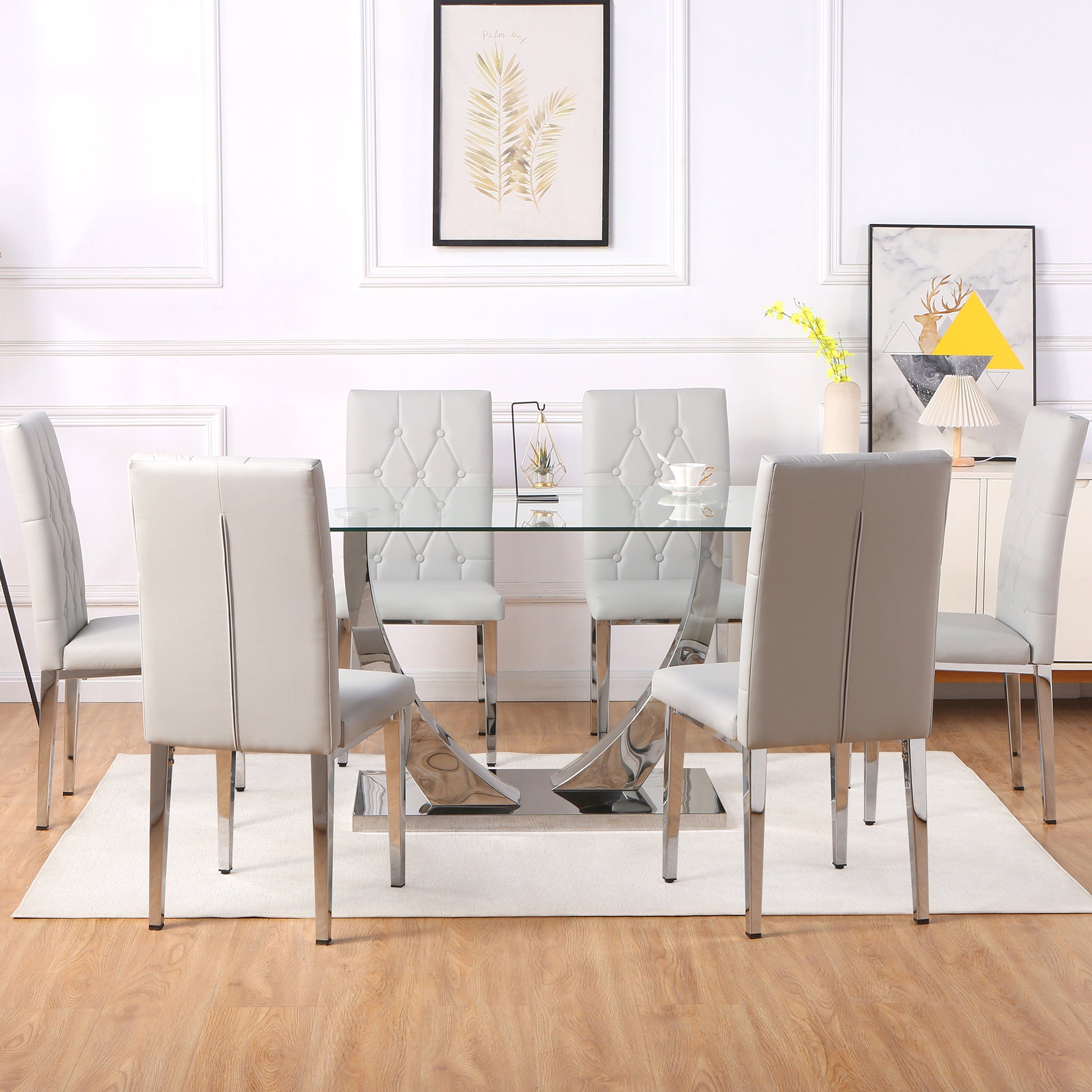 Table And Chair Set, Modern Dining Table, Tempered Glass Tabletop And Silver Colored Leg Table, Soft And Comfortable Dining Chair, Perfect For Dinner, Meetings, Home And Office Decor Gray Seats 6 Glass