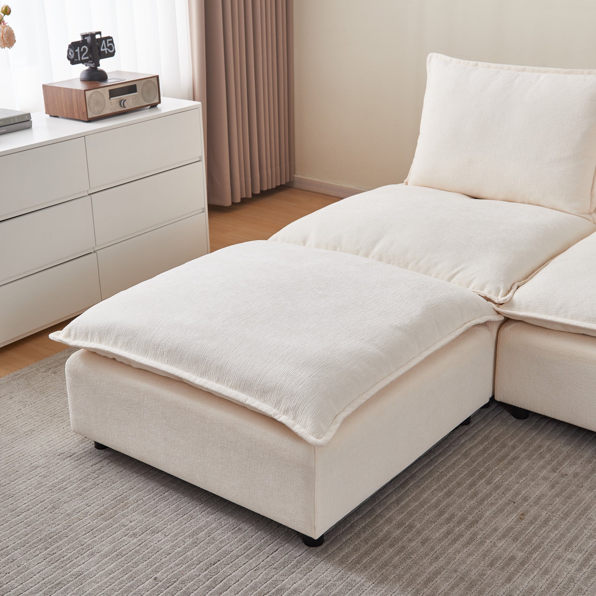 Modern Armless L Shaped Sectional Sofa Couch With Ottoman Modular Design, Durable Construction, Easy Care Upholstery For Living Room, Apartment, Office, Small Space Beige Foam Chenille 4 Seat