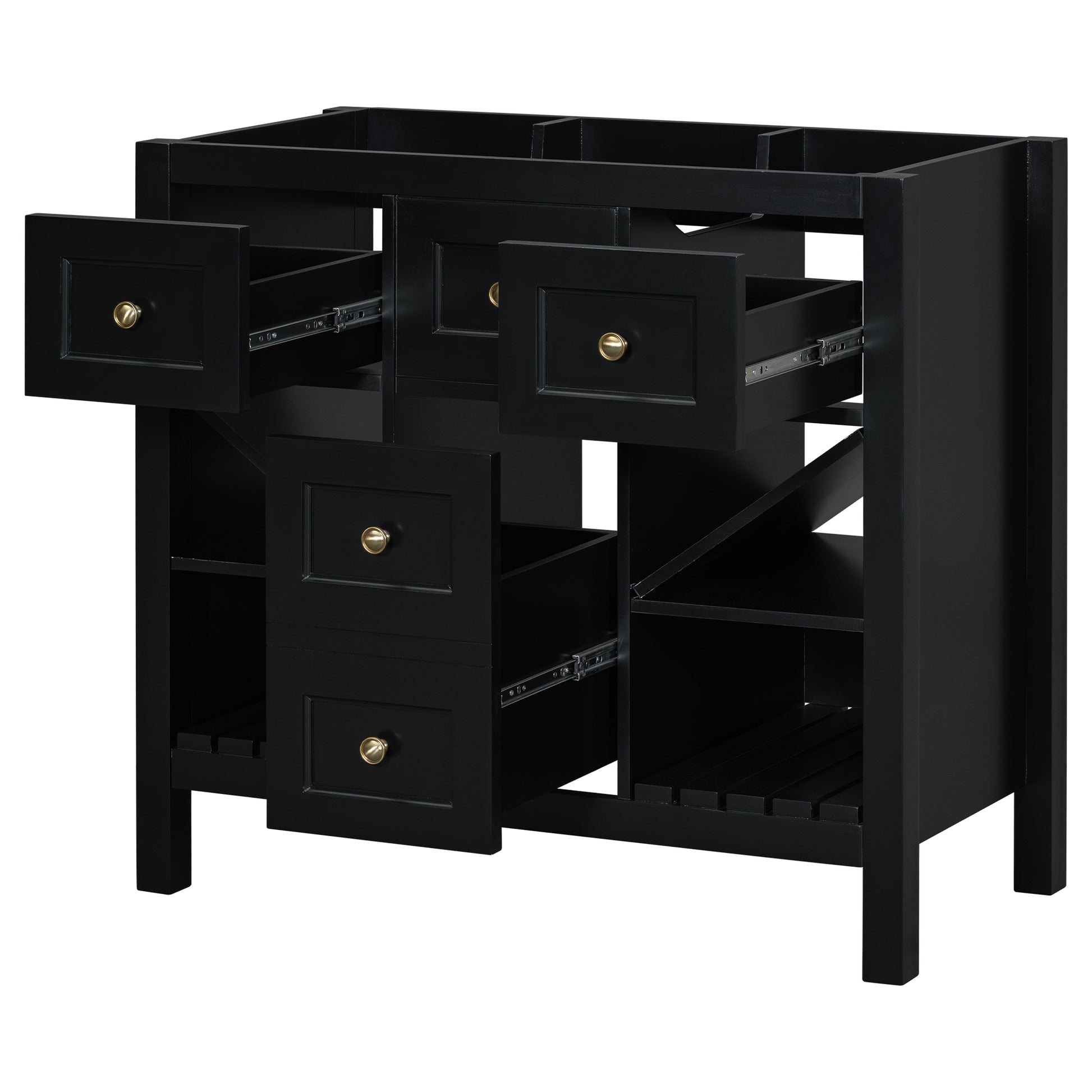 36'' Bathroom Vanity Without Sink, Solid Wood Frame Bathroom Storage Cabinet, Freestanding Vanity With 5 Drawers& Soft Closing Doors Not Include Basin Sink Black Bathroom Solid Wood Mdf