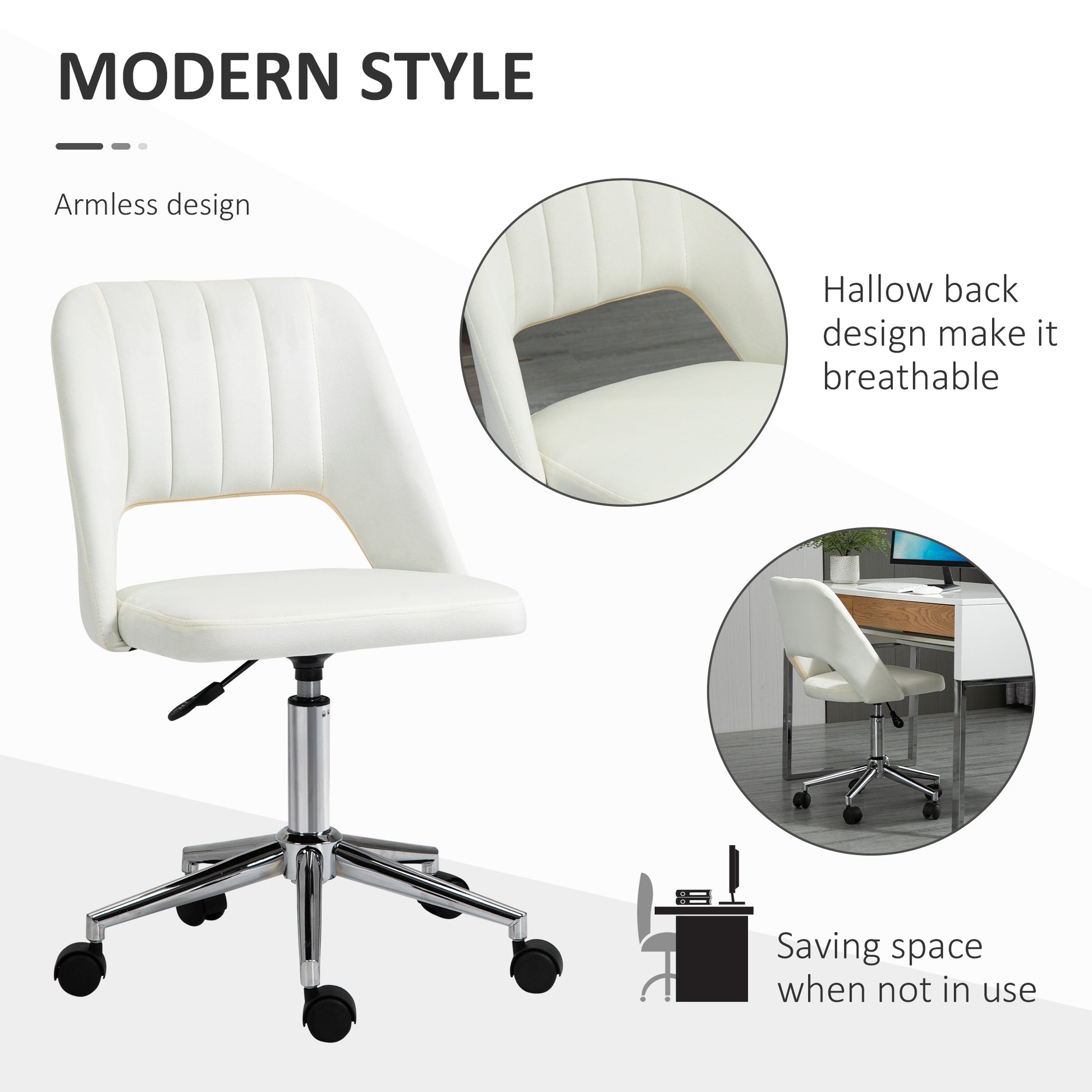 Vinsetto Modern Mid Back Office Chair With Velvet Fabric, Swivel Computer Armless Desk Chair With Hollow Back Design For Home Office, Cream White Cream White Polyester