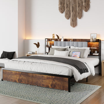 King Size Bed Frame With 2 Storage Drawers And Led Lights Headboard, Upholstered King Bed Frame With Charging Station, No Box Spring Needed, Easy Assembly Box Spring Not Required King Dark Brown Metal Bedroom Modern Bed Frame Velvet Mdf Metal
