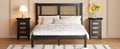 3 Pieces Bedroom Sets Full Size Wooden Platform Bed With Natural Rattan Headboard, Nightstands Set Of 2 With Rattan Woven Surfaces And Three Drawers For Bedroom, Black Black Particle Board