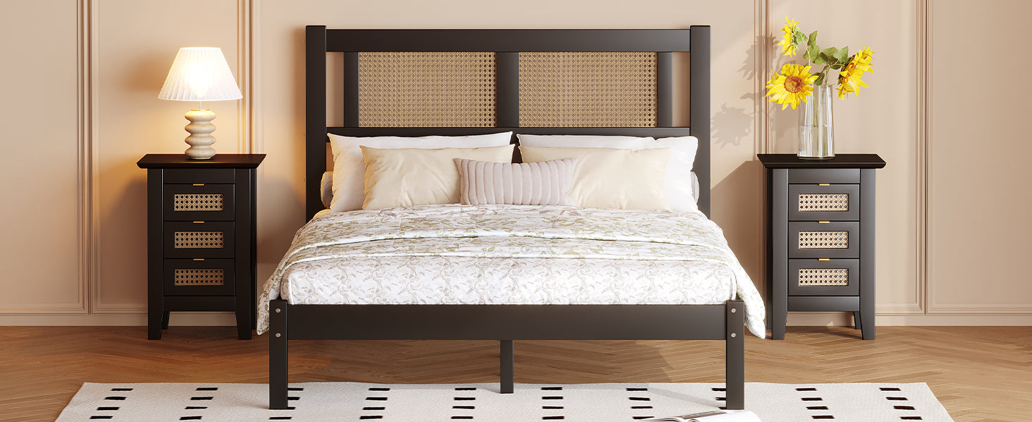 3 Pieces Bedroom Sets Full Size Wooden Platform Bed With Natural Rattan Headboard, Nightstands Set Of 2 With Rattan Woven Surfaces And Three Drawers For Bedroom, Black Black Particle Board