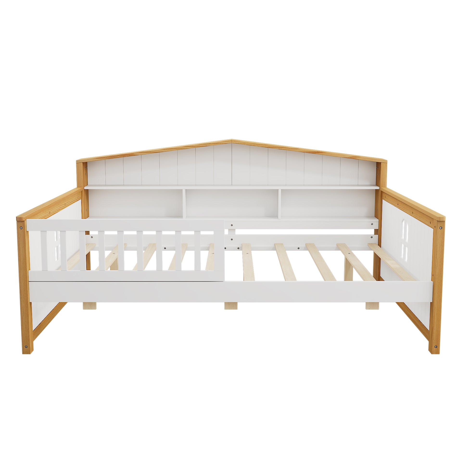 Full Size House Shape Daybed With Two Drawers And Bookcase Headboard Wooden Bed For Girls Boys Teens, No Box Spring Needed, Walnut And White Box Spring Not Required Full White Walnut Wood Bedroom Cute Pine Bed Frame Wood