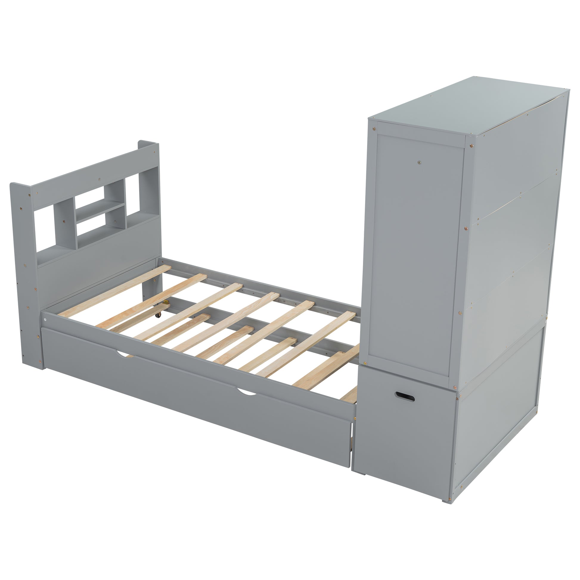 Twin Size Platform Bed With Storage Headboard And Footboard, Pull Out Shelves And Twin Size Trundle, Gray Box Spring Not Required Twin Gray Wood Bedroom Bed Frame Solid Wood Mdf